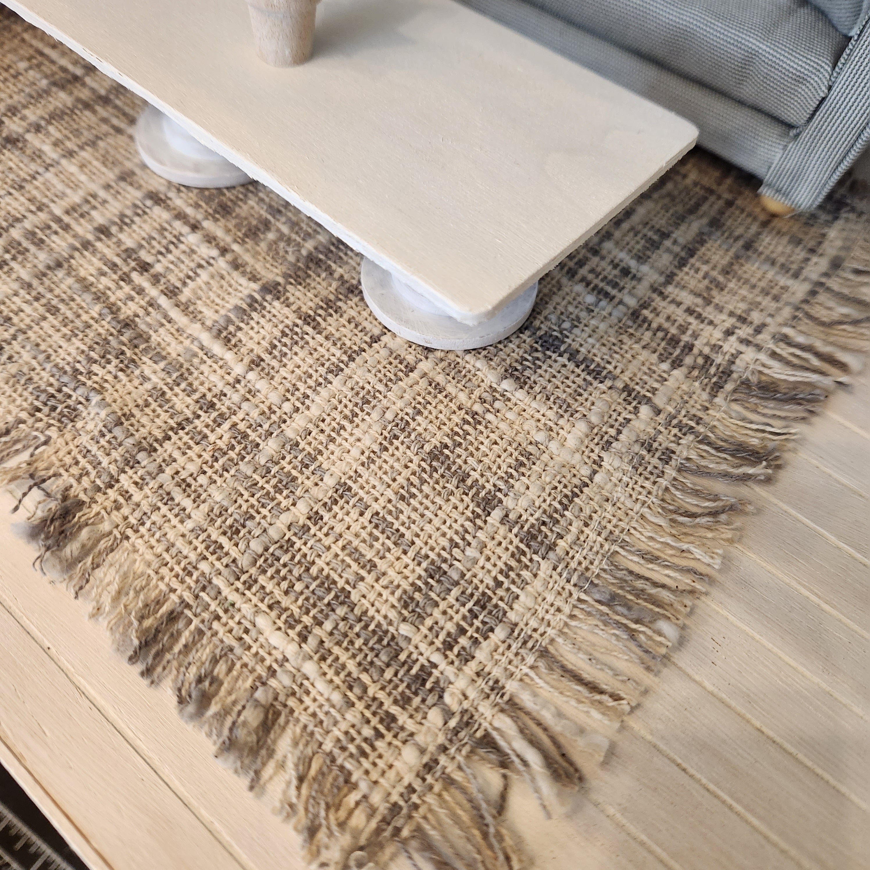1:12 Scale Miniature Striped Rug – Light Gray & White Farmhouse Decor