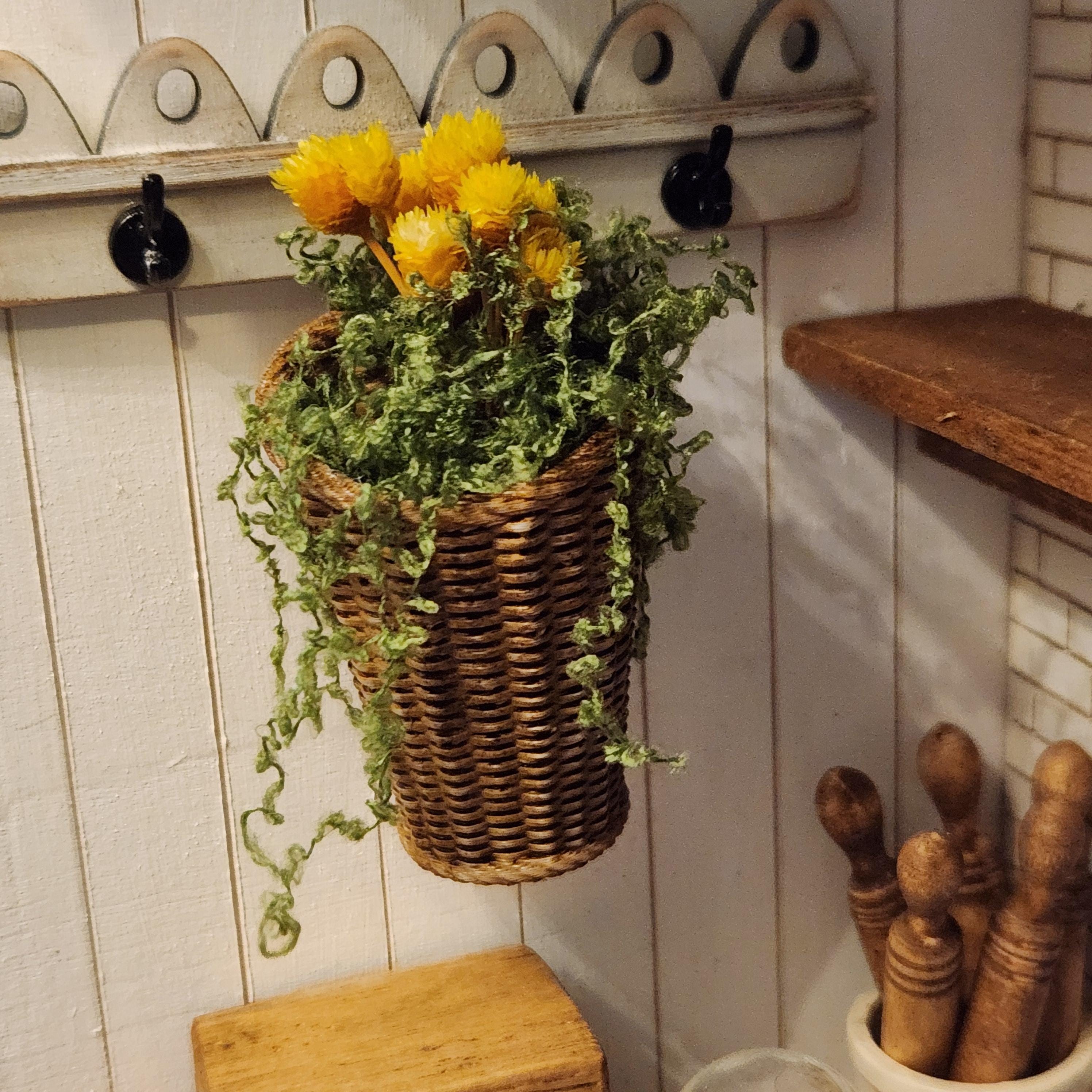 1:12 Scale Miniature Tall Hanging Basket – Yellow Spring Flowers & Trailing Greenery