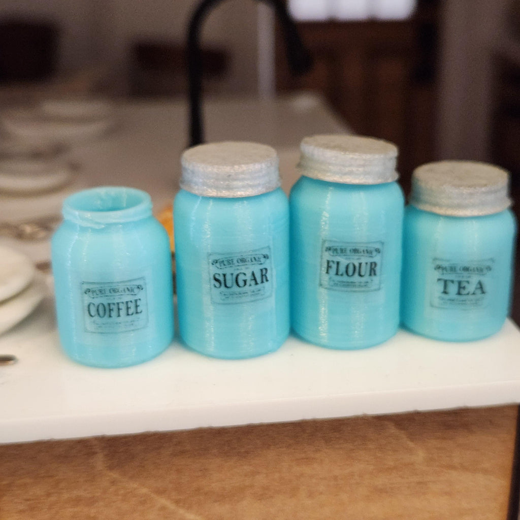 1:12 Scale Miniature Blue Canister Set – Set of 4 Vintage Kitchen Jars