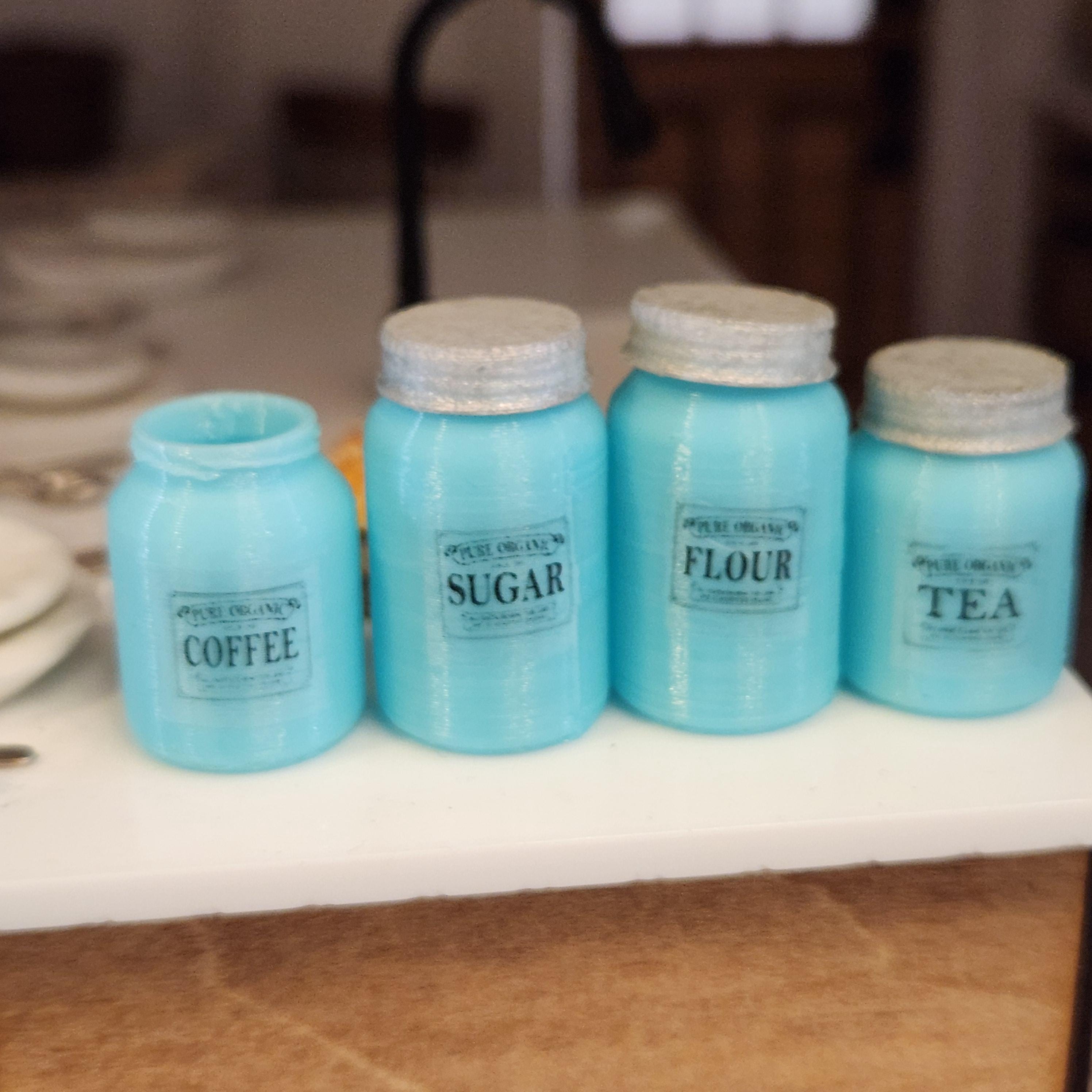 1:12 Scale Miniature Blue Canister Set – Set of 4 Vintage Kitchen Jars