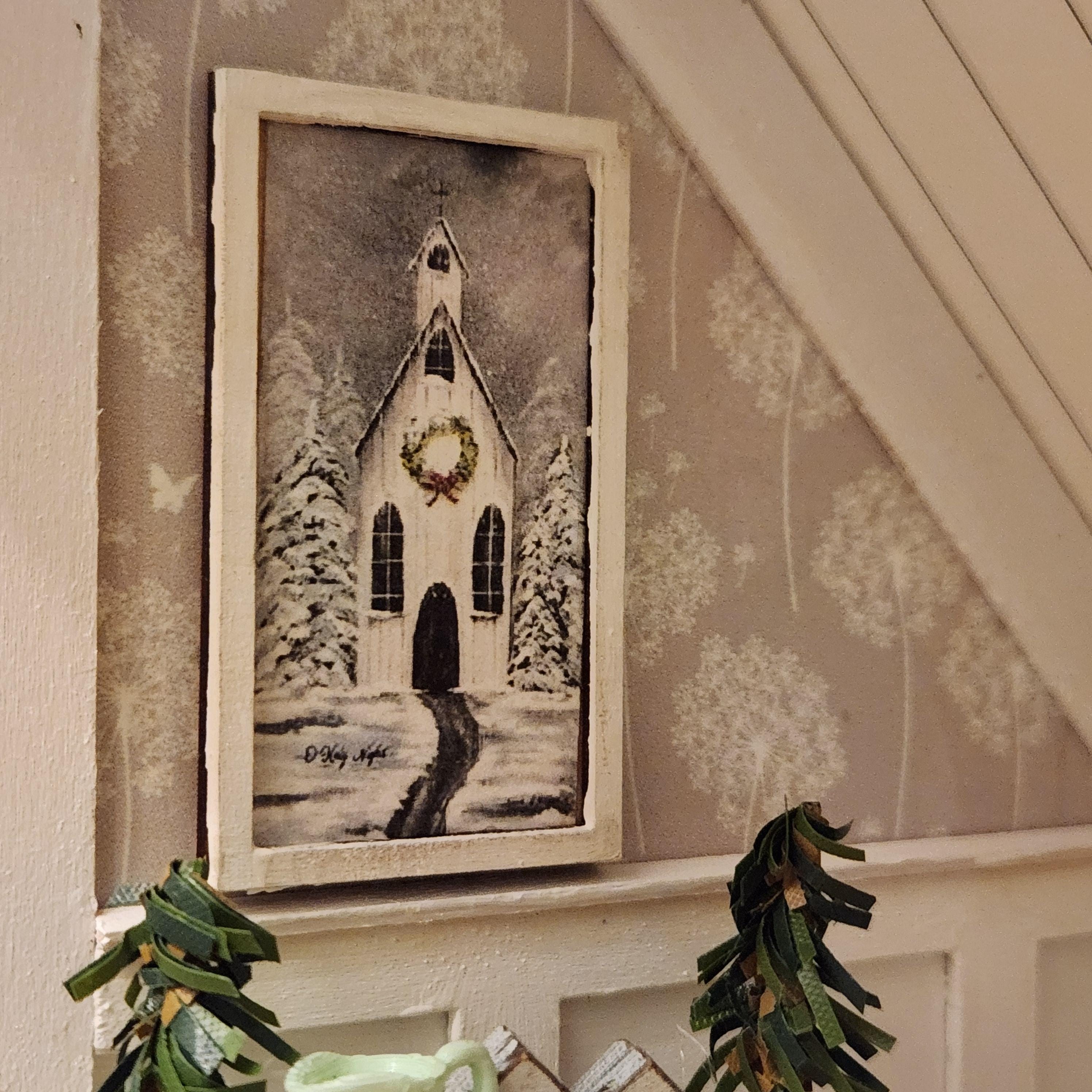 1:12 Scale Miniature "Winter Church" Wood Sign – Holiday Wall Art