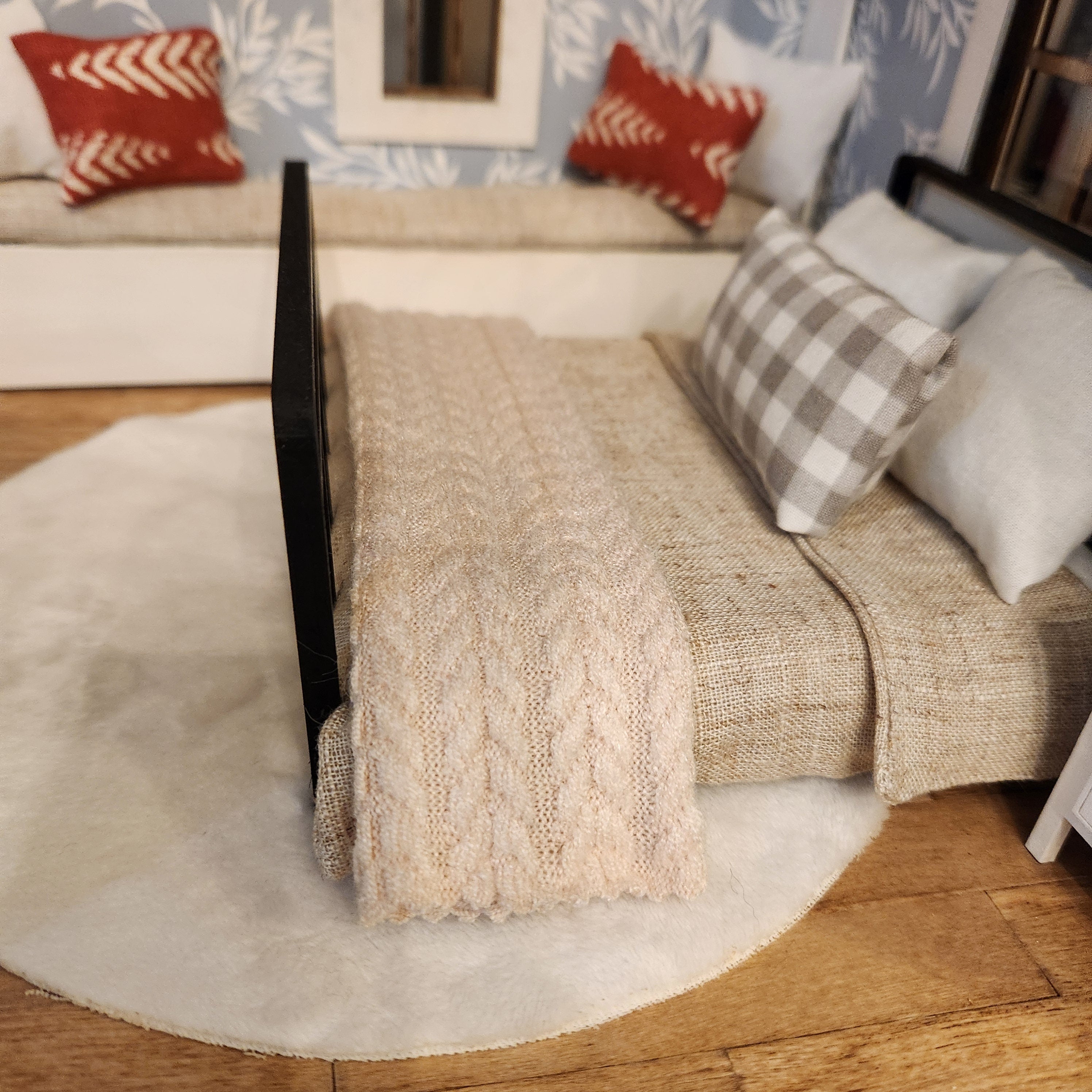 1:12 Scale Miniature Textured Throw Blanket – Warm Tan Farmhouse Afghan