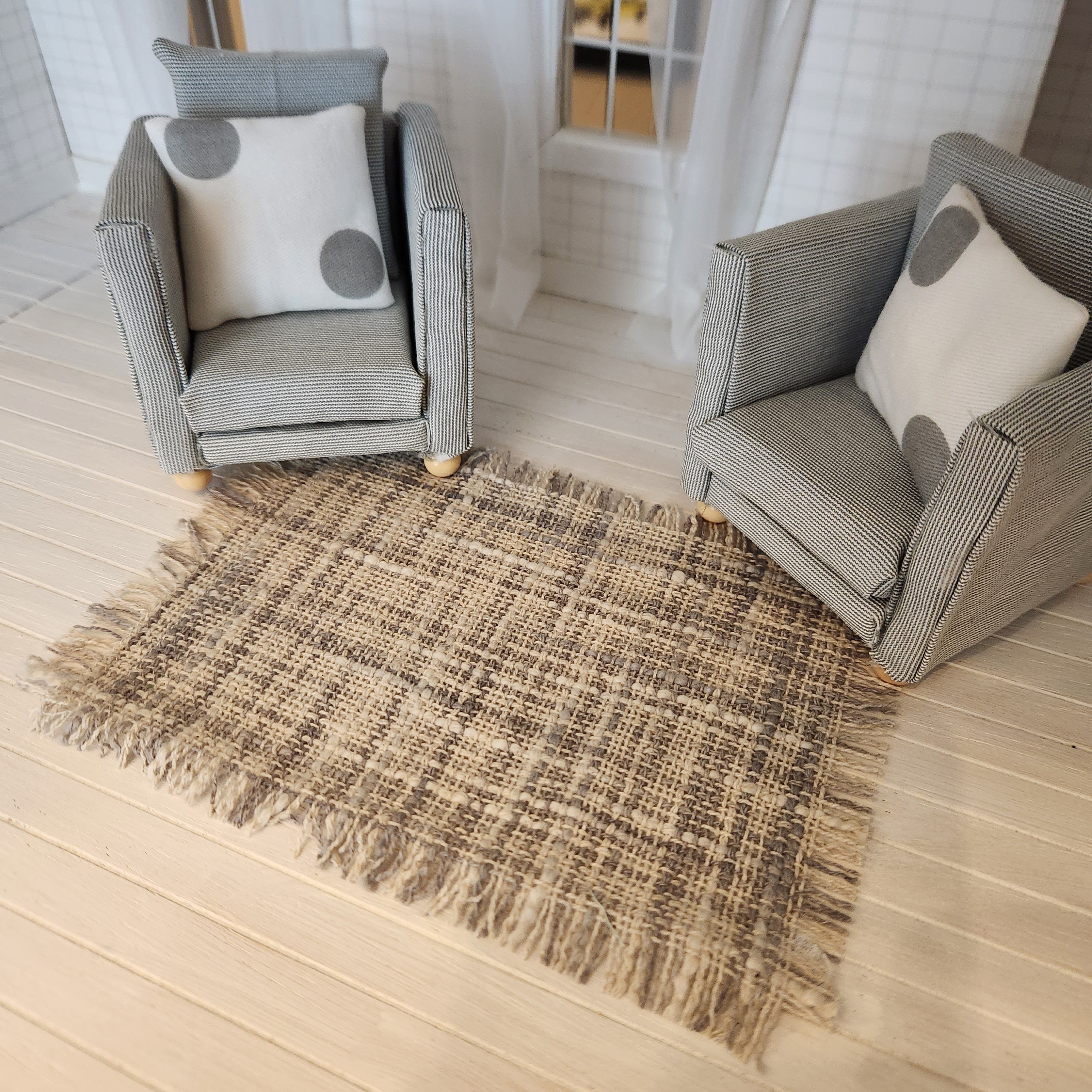 1:12 Scale Miniature Striped Rug – Light Gray & White Farmhouse Decor