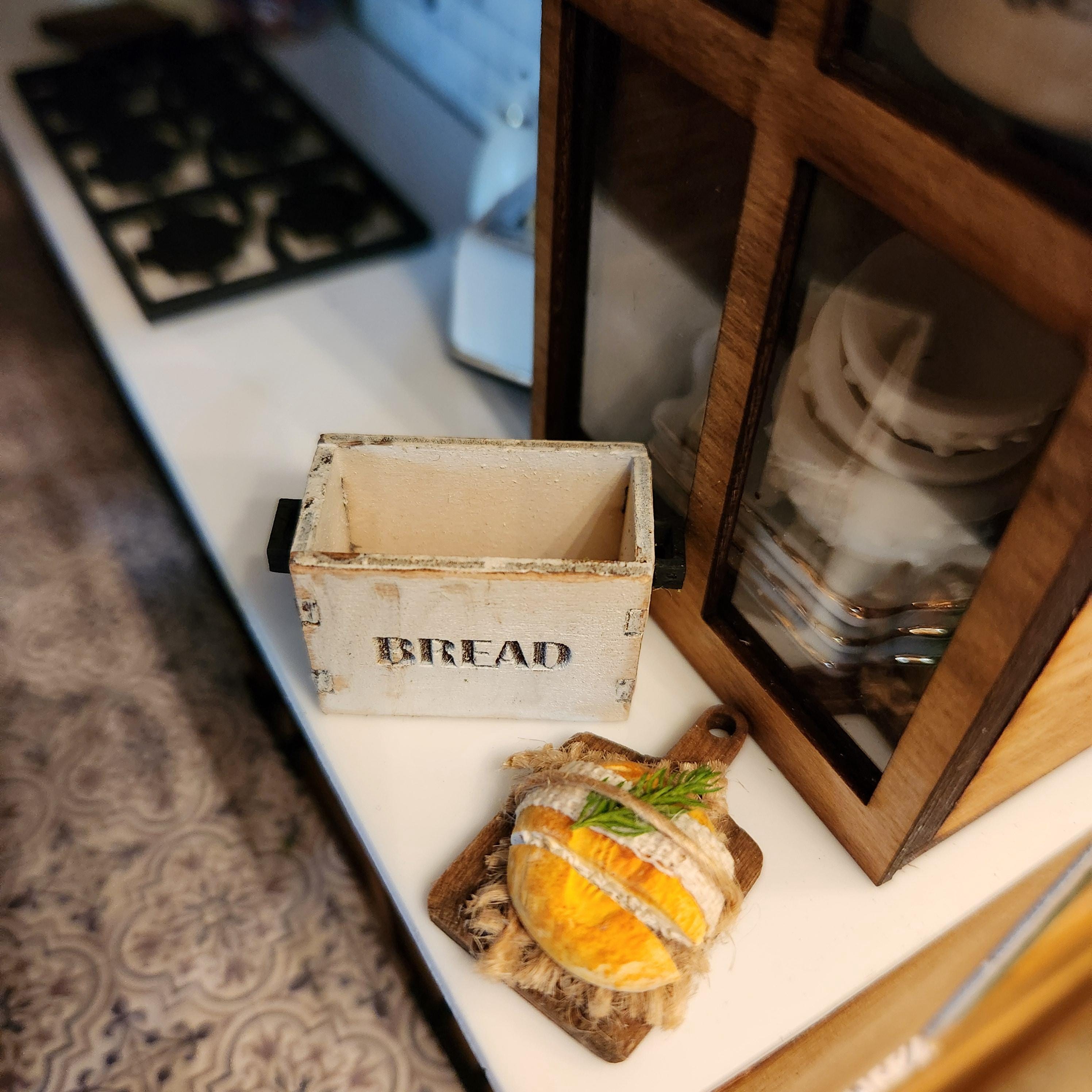 1:12 Scale Miniature Bread Box – Rustic White Distressed Wood