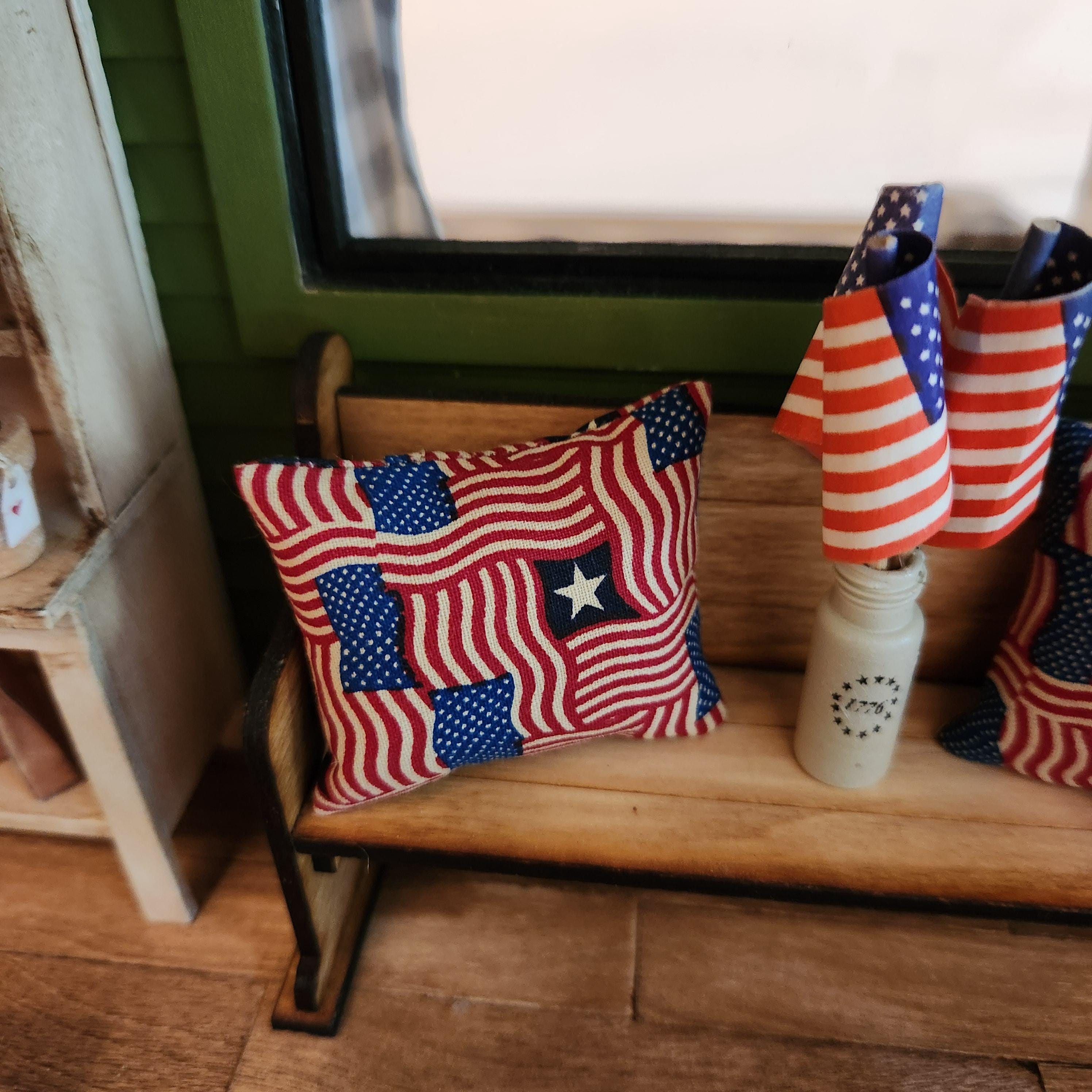 Dollhouse Miniature Accent Pillow, Patriotic Flag Decor, 1:12 Scale