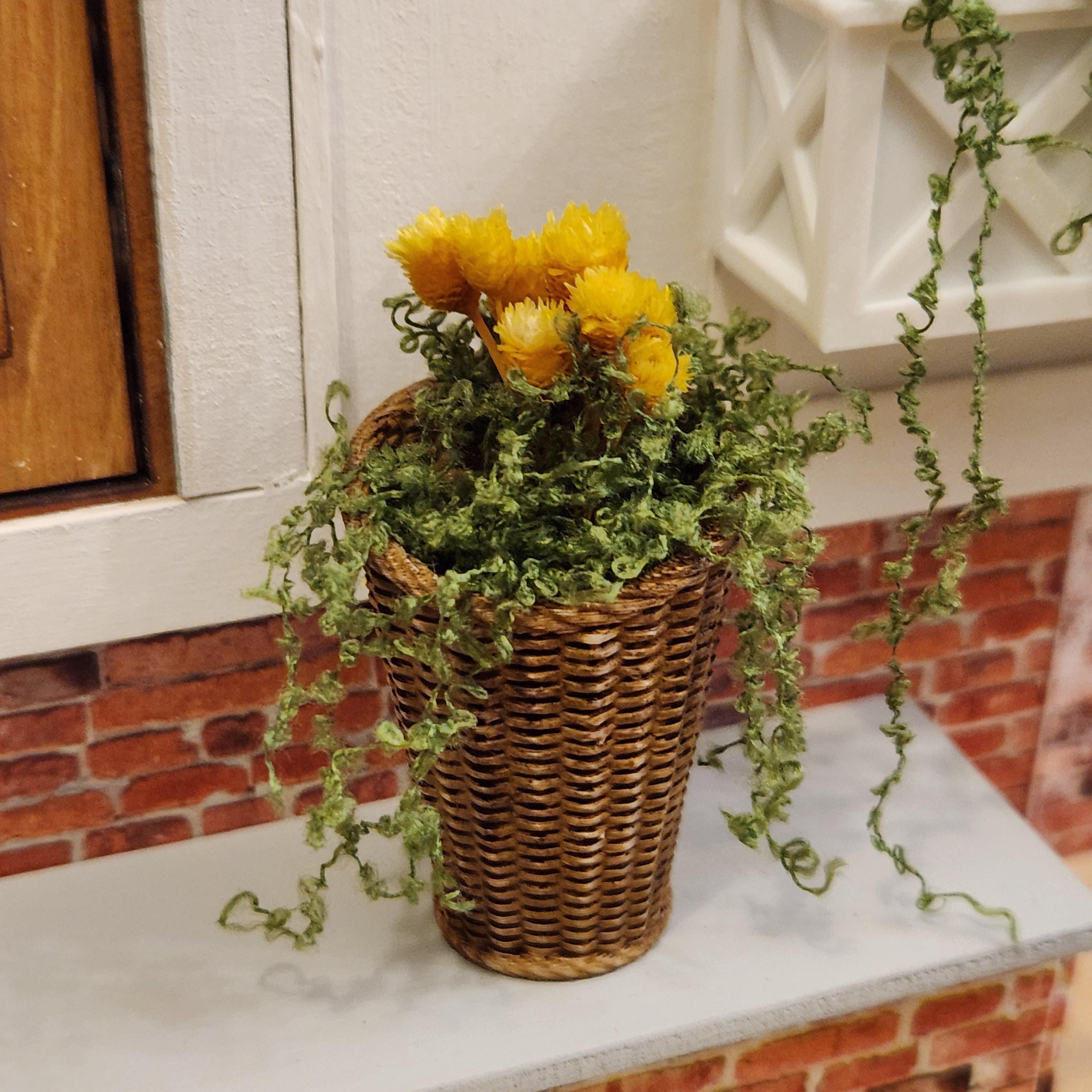 1:12 Scale Miniature Tall Hanging Basket – Yellow Spring Flowers & Trailing Greenery