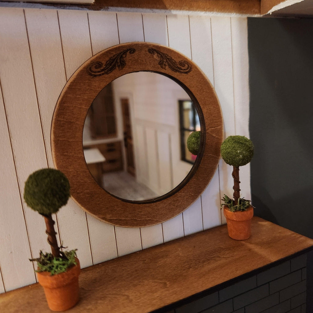 1:12 Scale Miniature Rustic Stained Mirror – Engraved Scroll Wall Decor