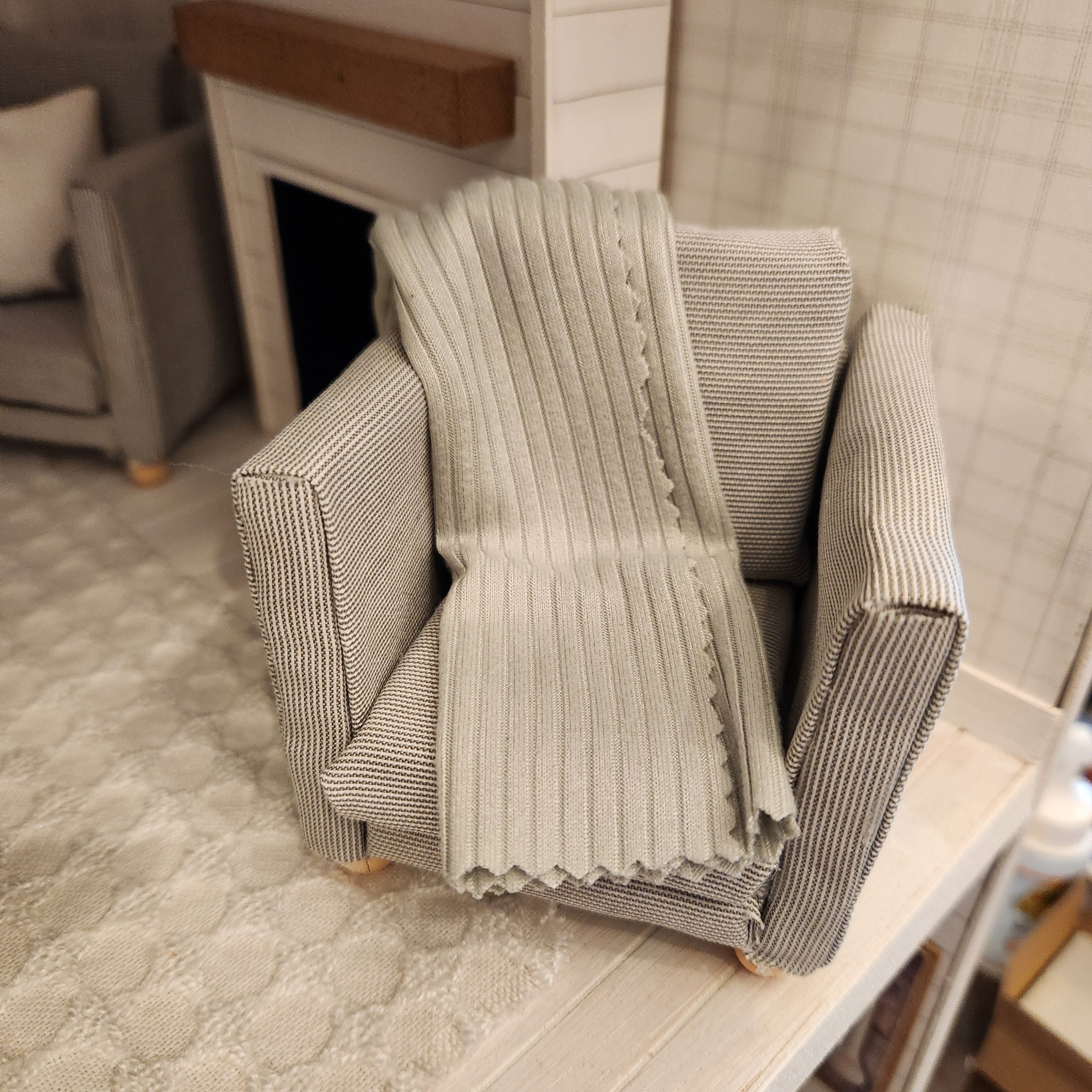 1:12 Scale Miniature Sage Green Throw – Ribbed Farmhouse Afghan
