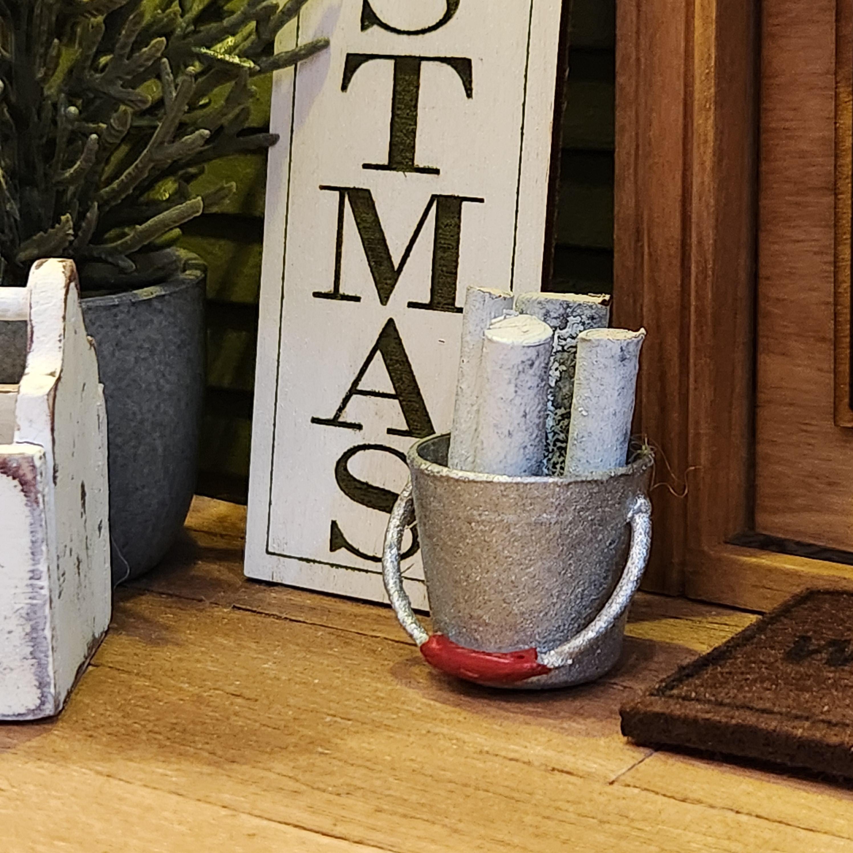1:12 Scale Miniature Christmas Log Bucket – Rustic Porch Decor
