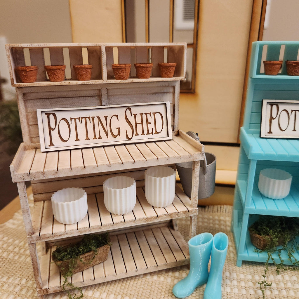Miniature Potting Bench 1:12 Scale Vignette | Spring Garden Decor