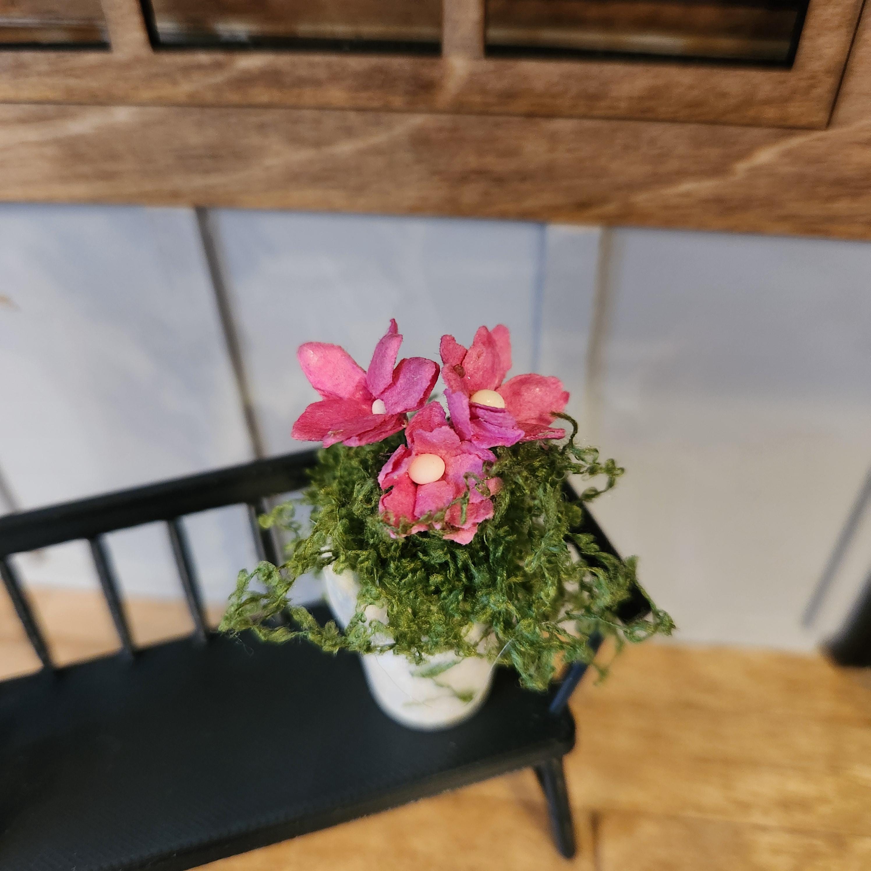 Dollhouse Miniature Potted Flowers | White Wooden Pot, Spring Accent