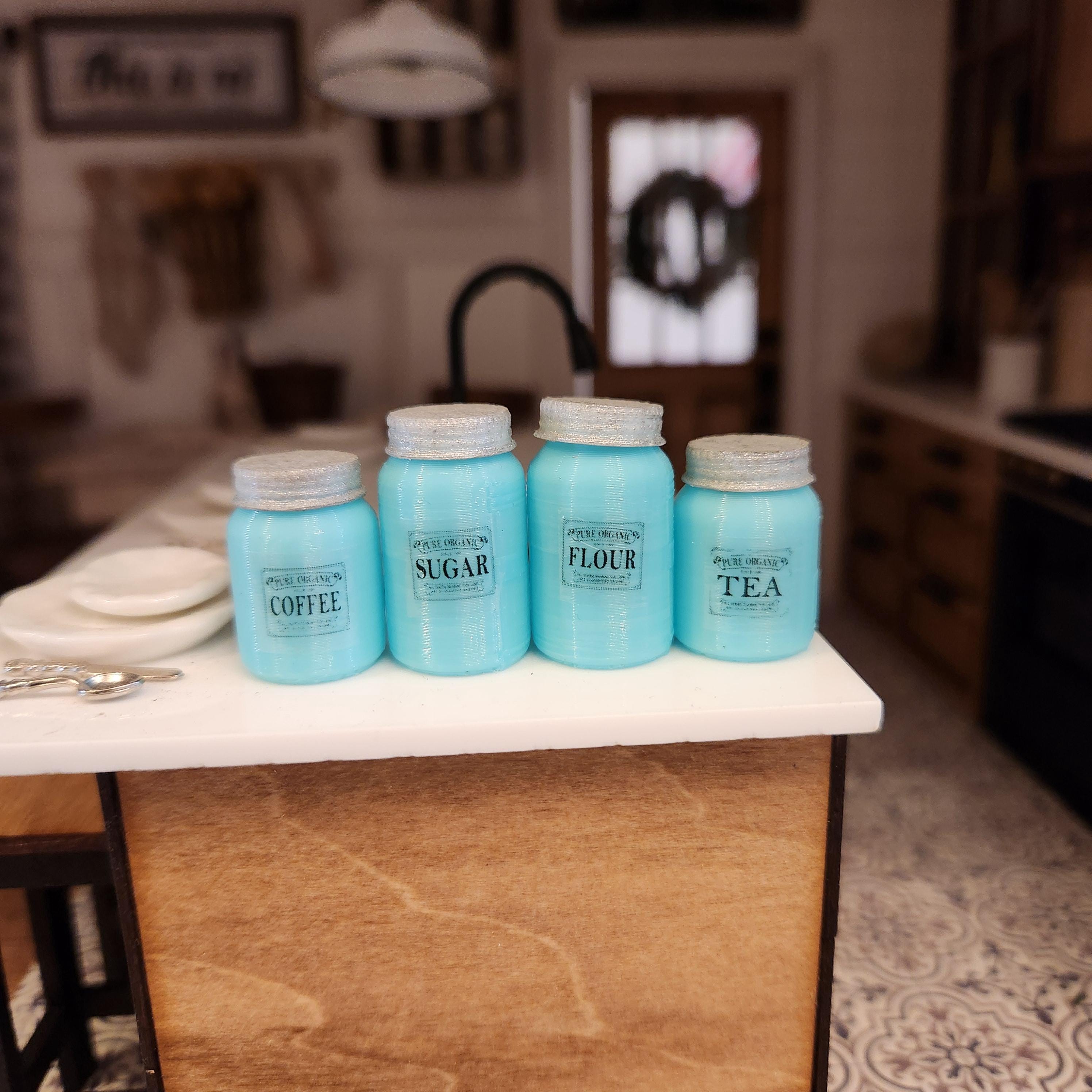 1:12 Scale Miniature Blue Canister Set – Set of 4 Vintage Kitchen Jars