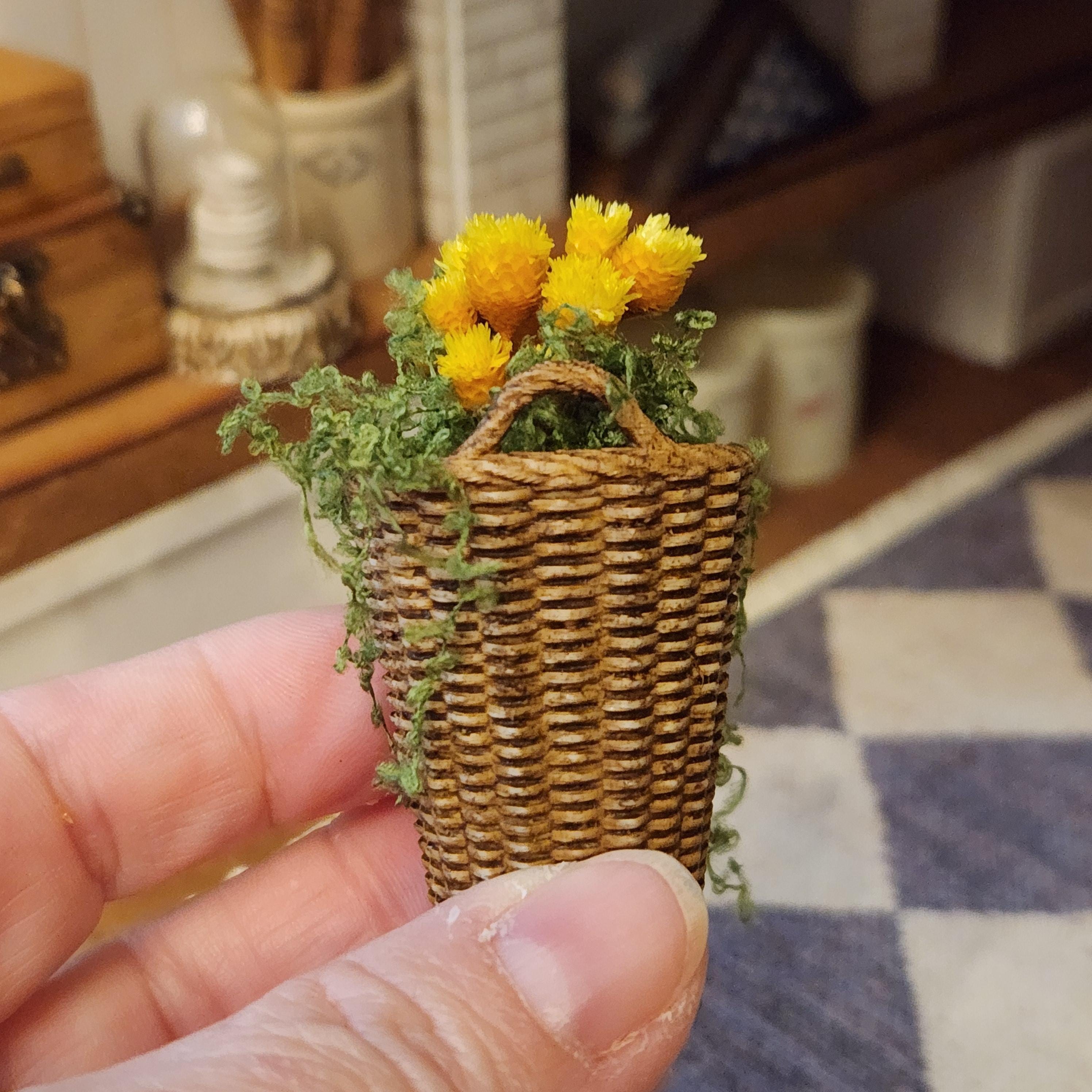 1:12 Scale Miniature Tall Hanging Basket – Yellow Spring Flowers & Trailing Greenery