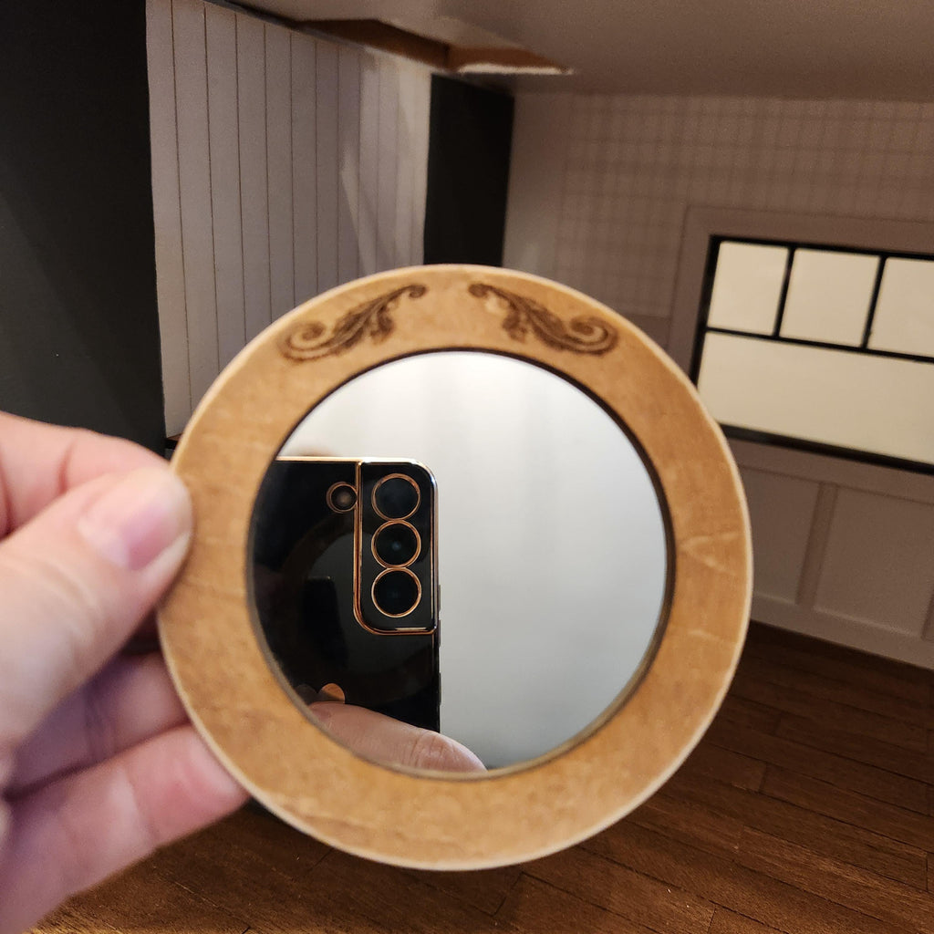 1:12 Scale Miniature Rustic Stained Mirror – Engraved Scroll Wall Decor