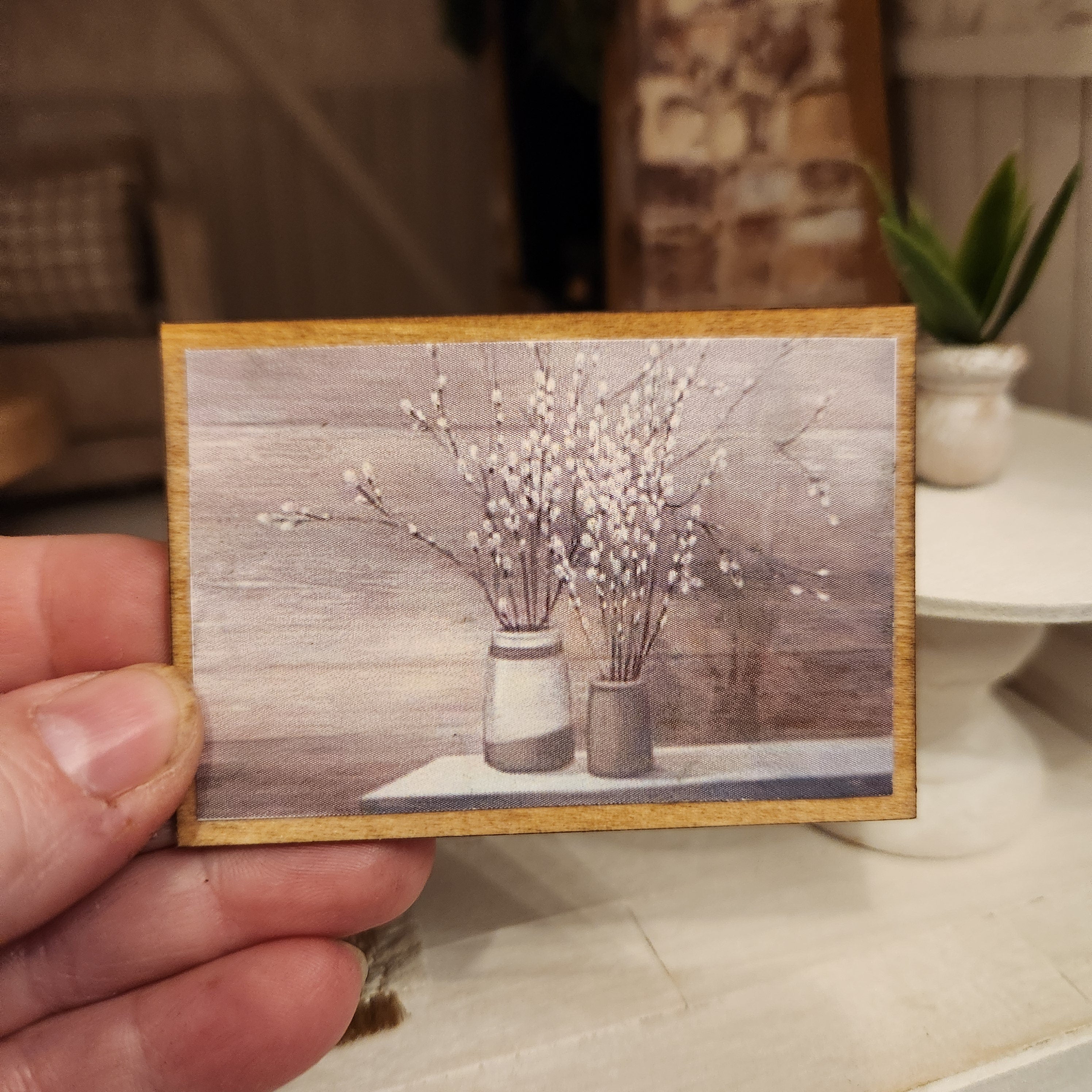 1:12 Scale Miniature "Pussy Willow Crock" Wood Sign – Botanical Wall Art