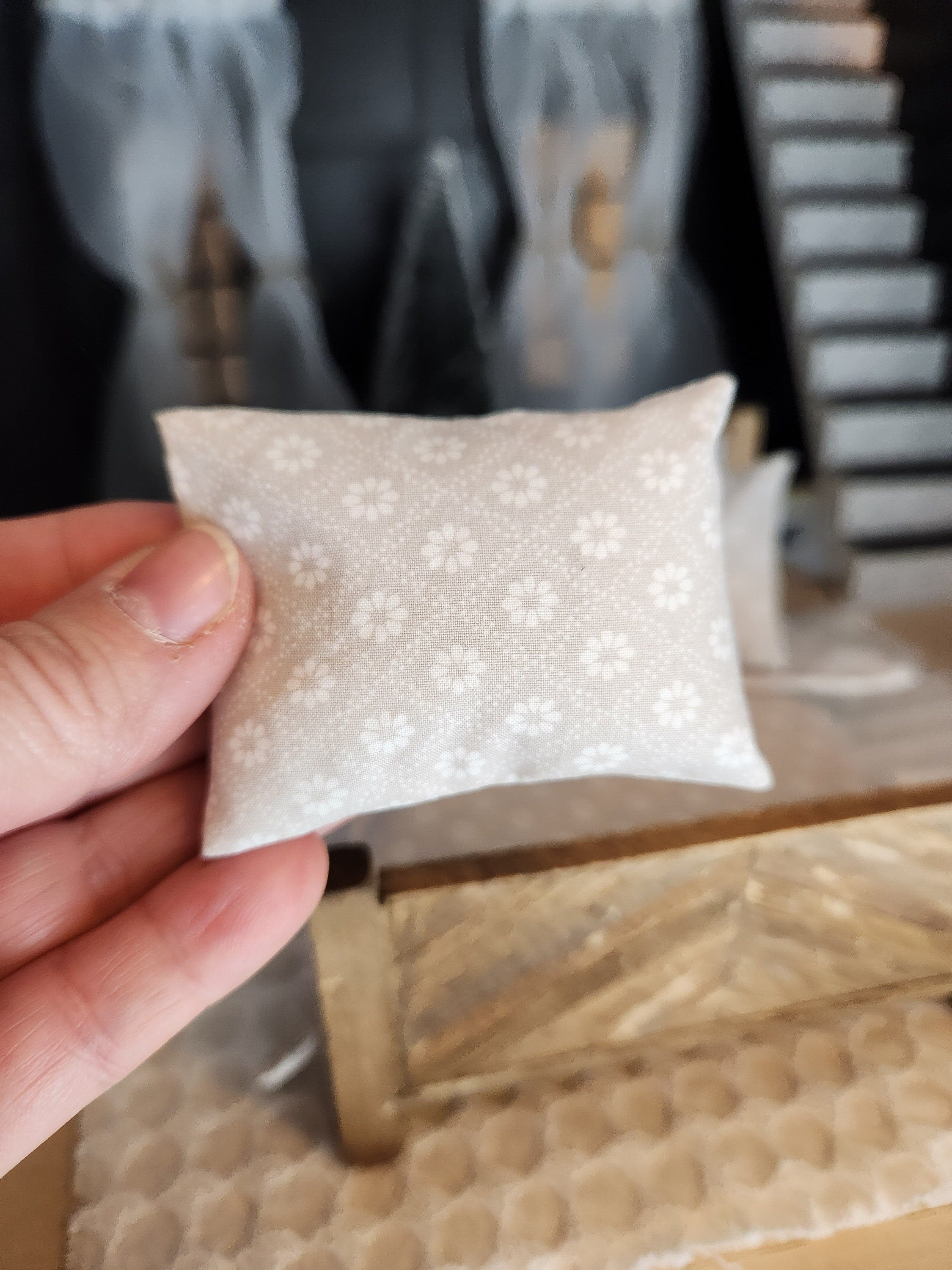 Dollhouse Miniature Accent Pillow, Gray & White Floral, 1:12 Scale