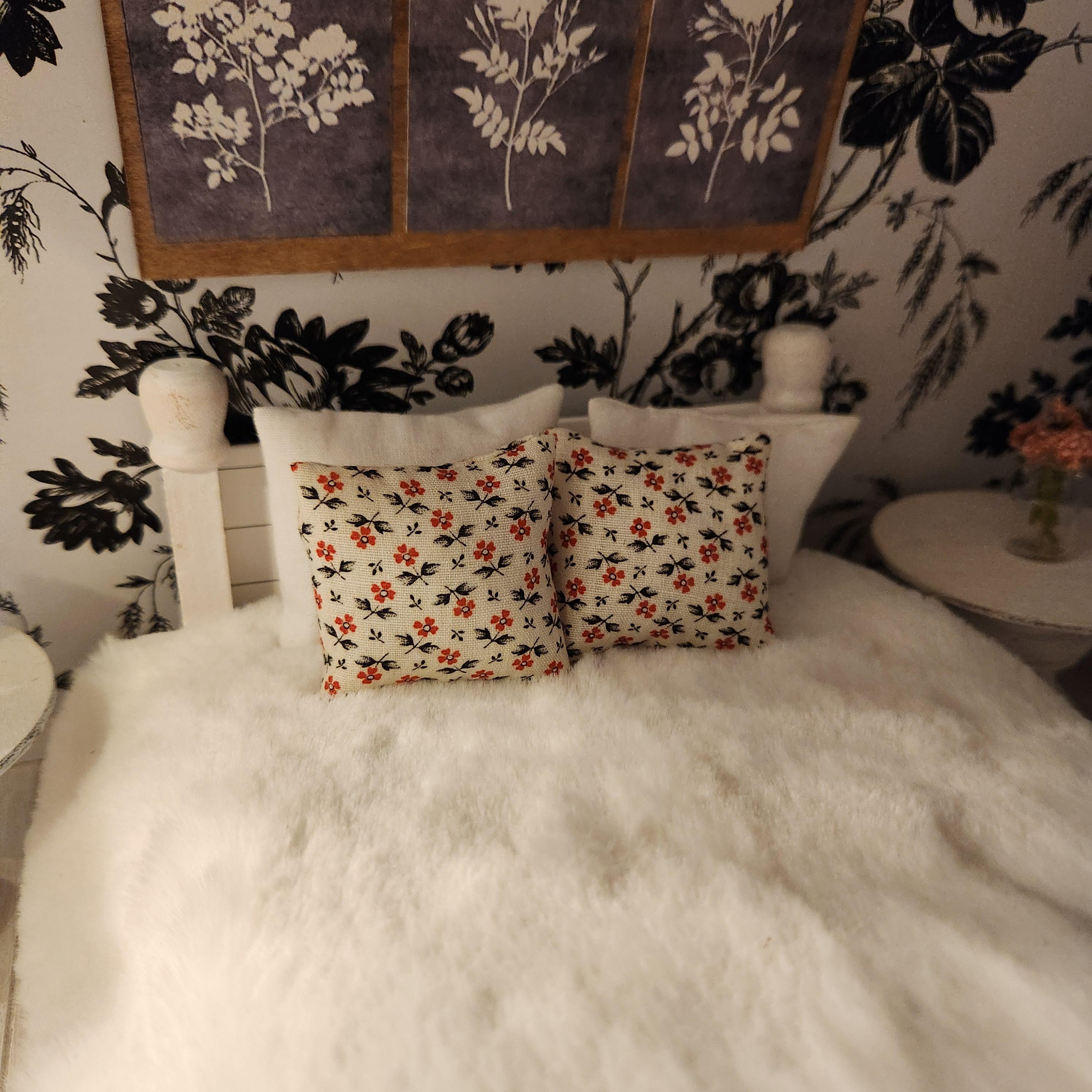 Dollhouse Miniatures Accent Pillow, RED BLACK FLORAL, dollhouse decorations, miniature pillows, 1:12 scale