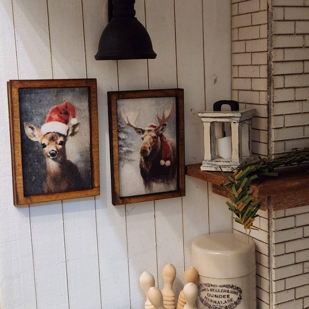 Dollhouse Christmas Pictures, Deer and Moose, 1:12 Scale