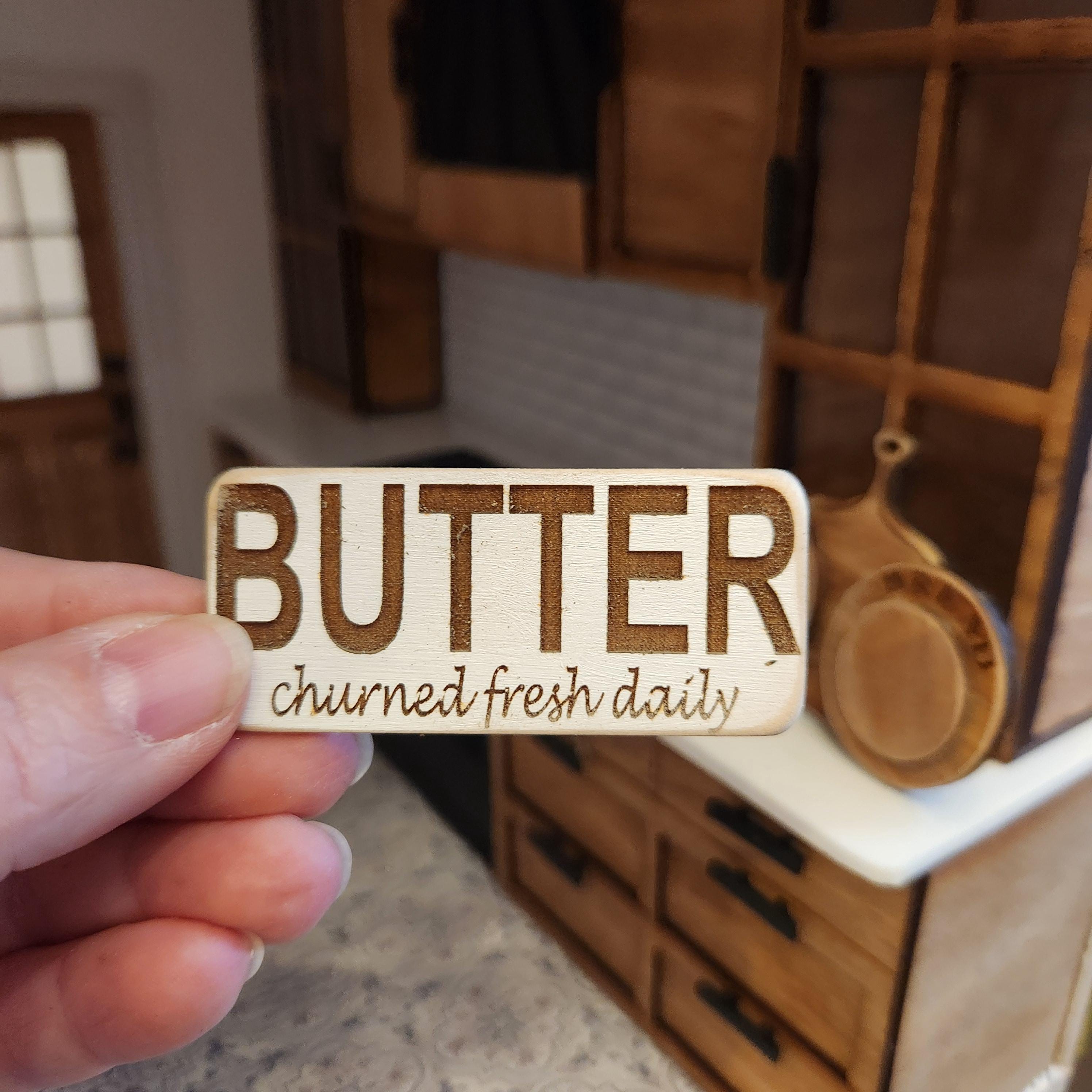 1:12 Scale Miniature "BUTTER" Wood Sign – Engraved Farmhouse Wall Decor