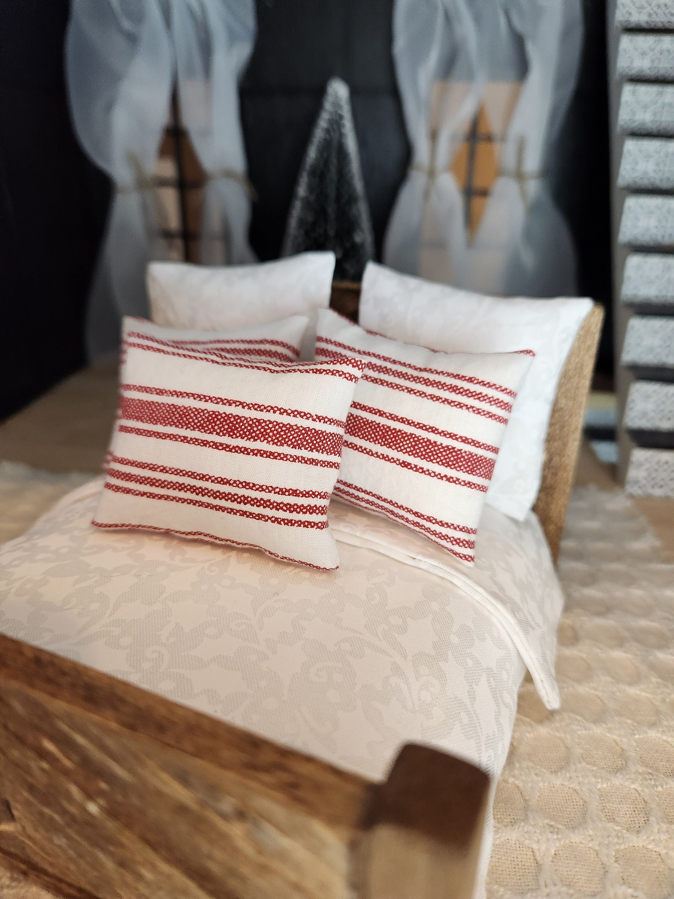 Dollhouse Miniature Accent Pillow, Red Stripe Ticking, 1:12 Scale