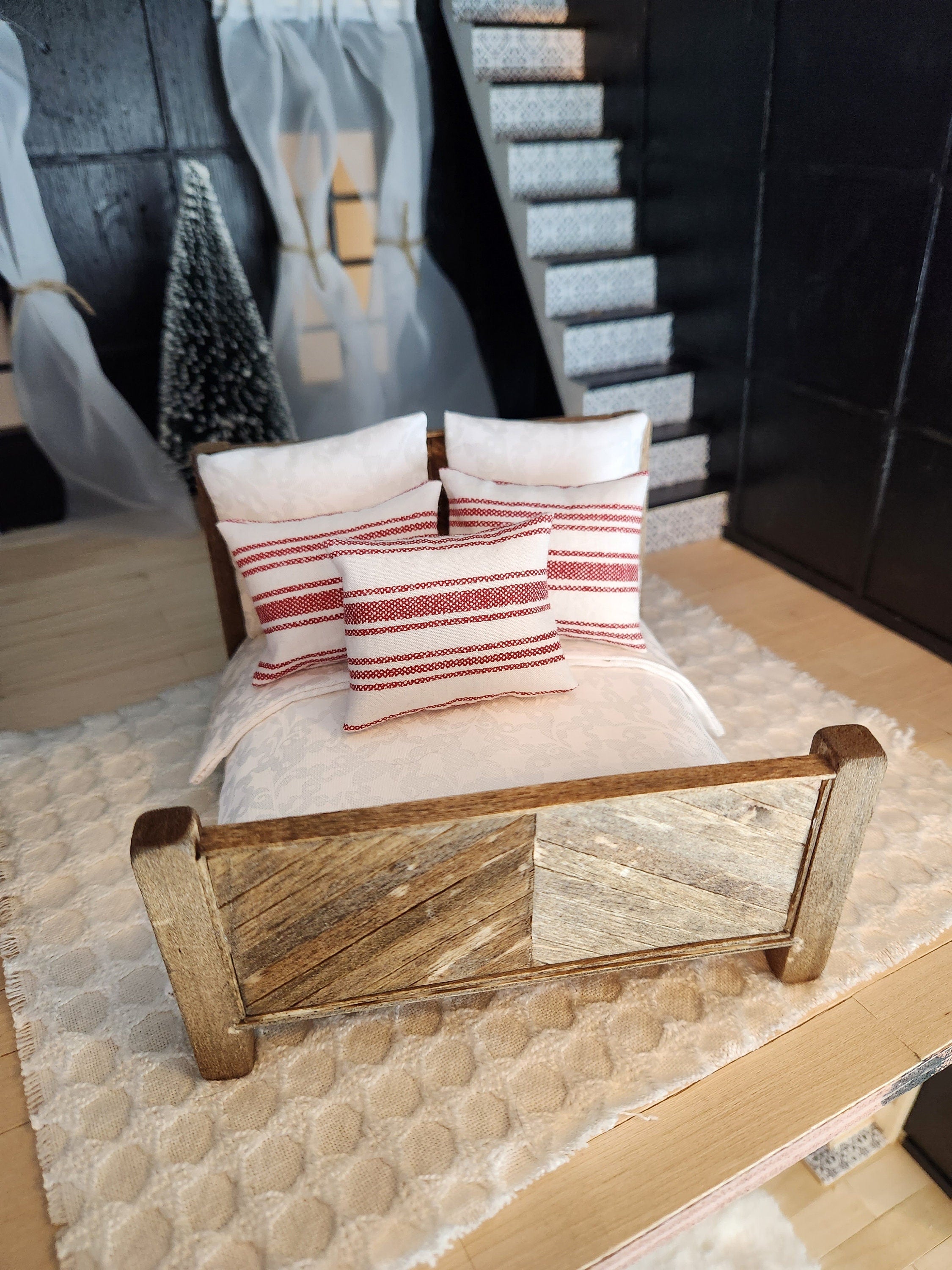 Dollhouse Miniature Accent Pillow, Red Stripe Ticking, 1:12 Scale