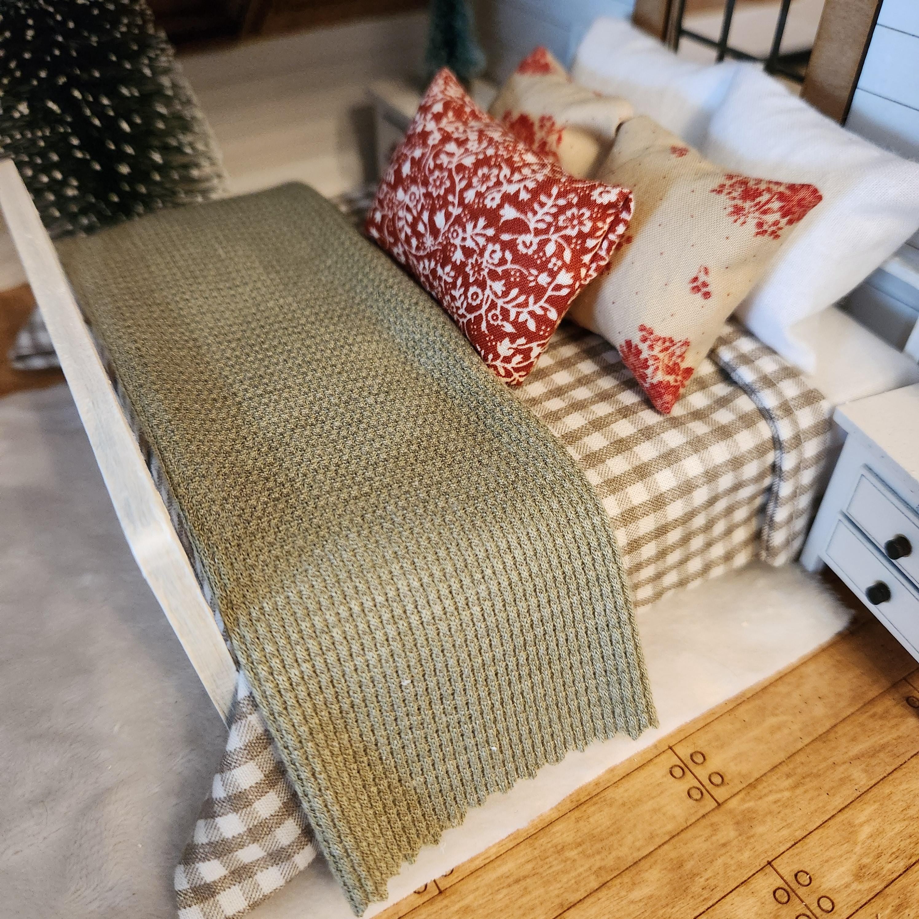 1:12 Scale Miniature Olive Green Waffle Throw – Earthy Farmhouse Afghan