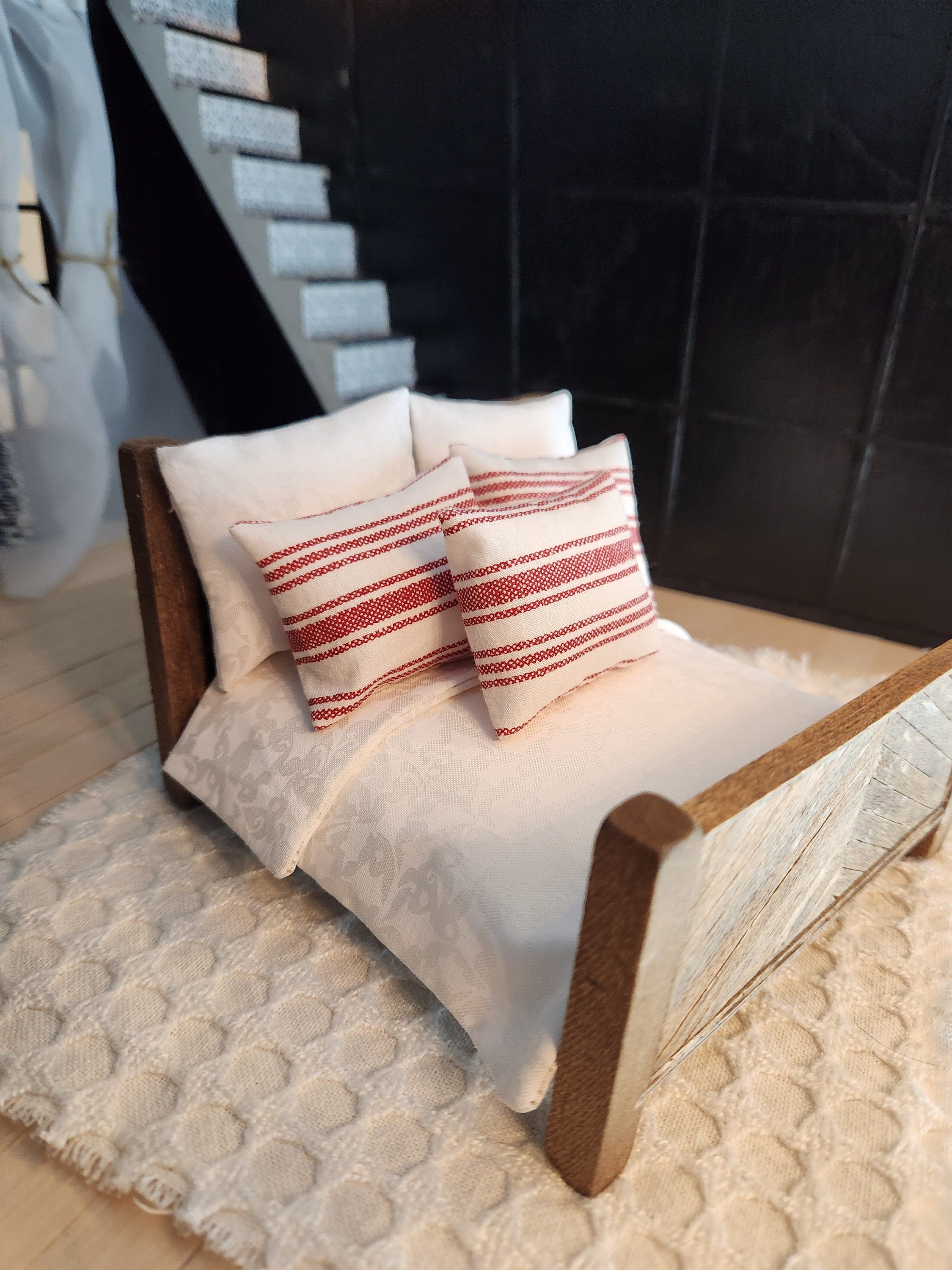 Dollhouse Miniature Accent Pillow, Red Stripe Ticking, 1:12 Scale