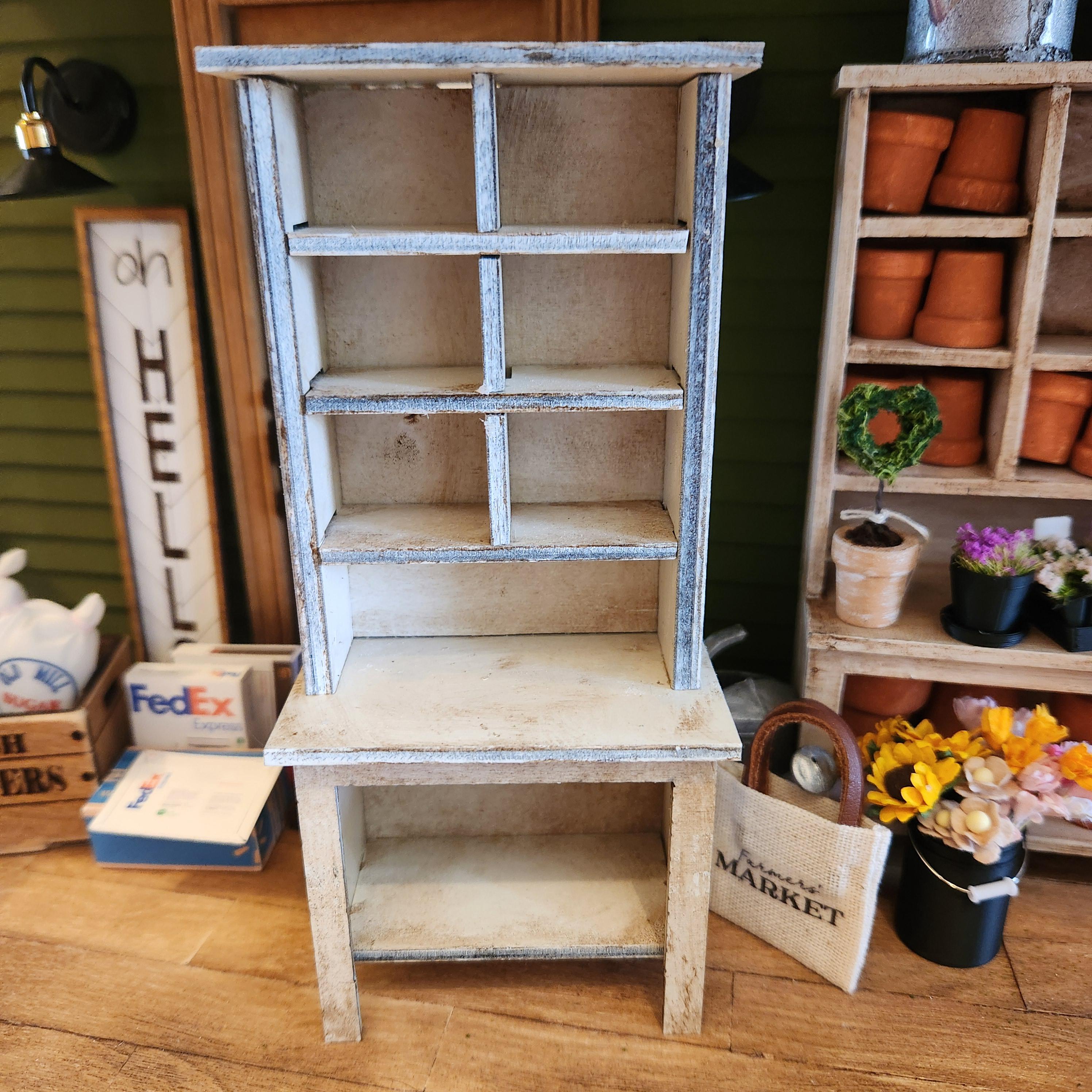 1:12 Scale Miniature Potting Bench – Rustic White Antiqued or DIY Unfinished