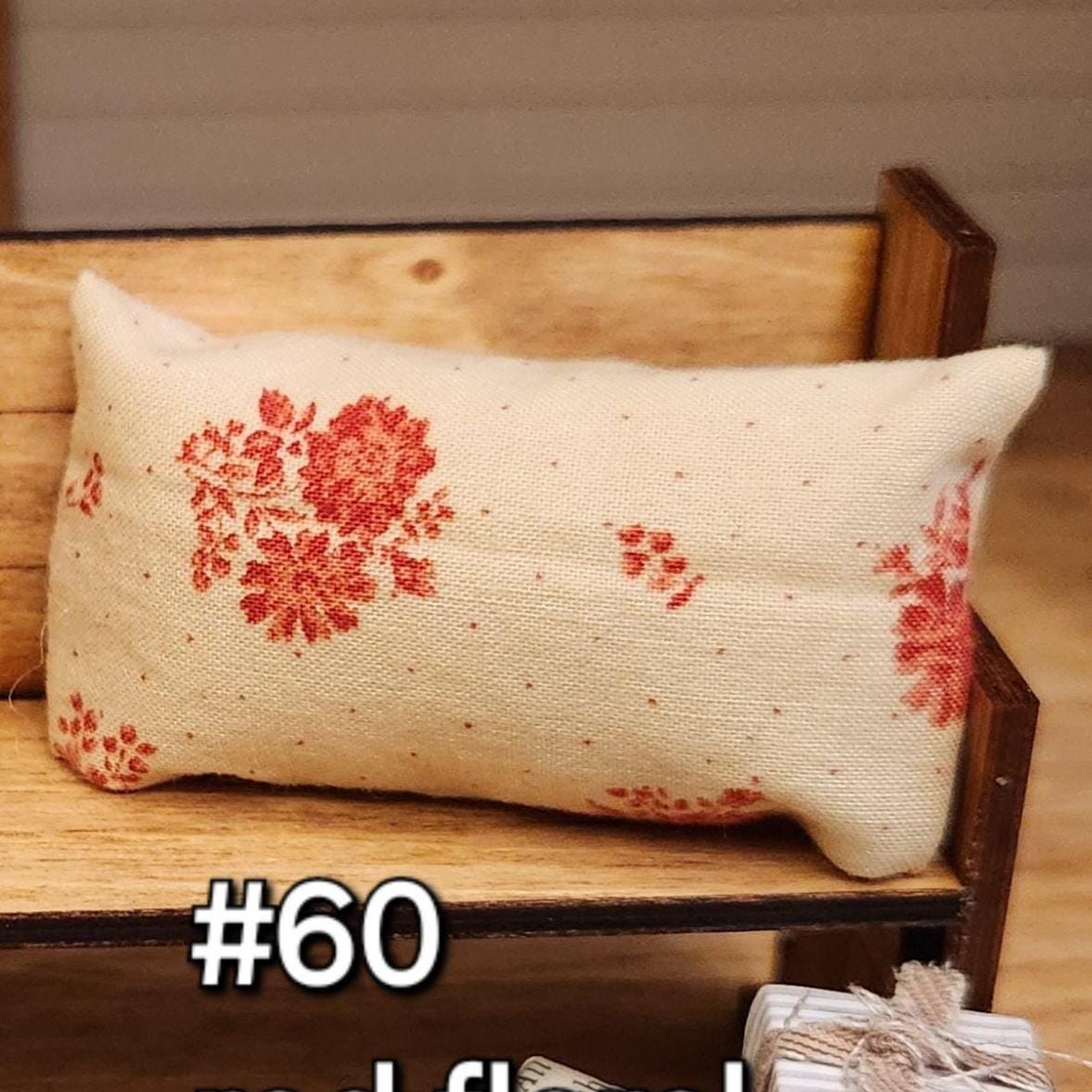 Dollhouse Miniatures Accent Pillow, TAN RED FLORAL, dollhouse decorations, miniature pillows, 1:12 scale