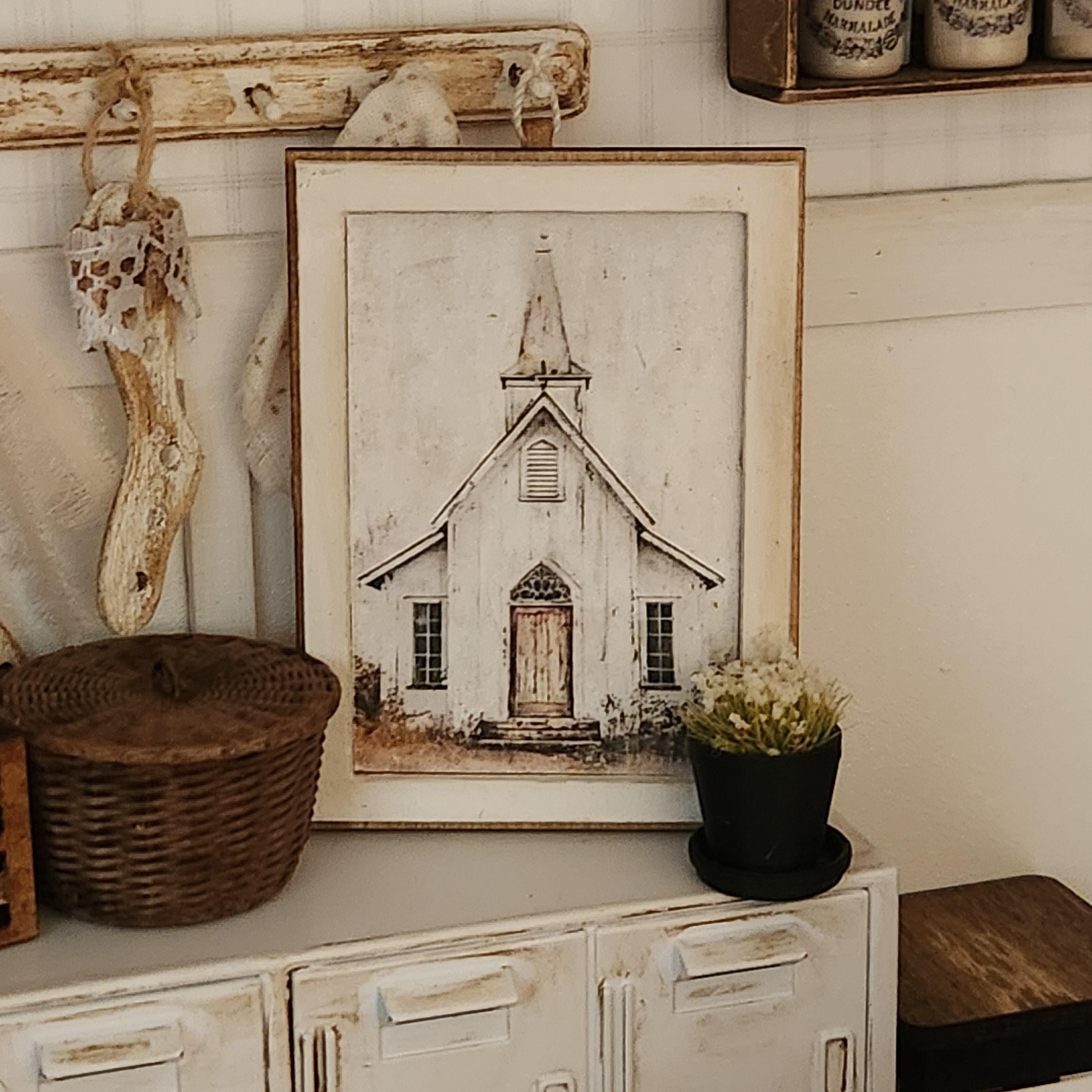 1:12 Scale Miniature "Country Church" Wood Sign – Rustic Framed Art