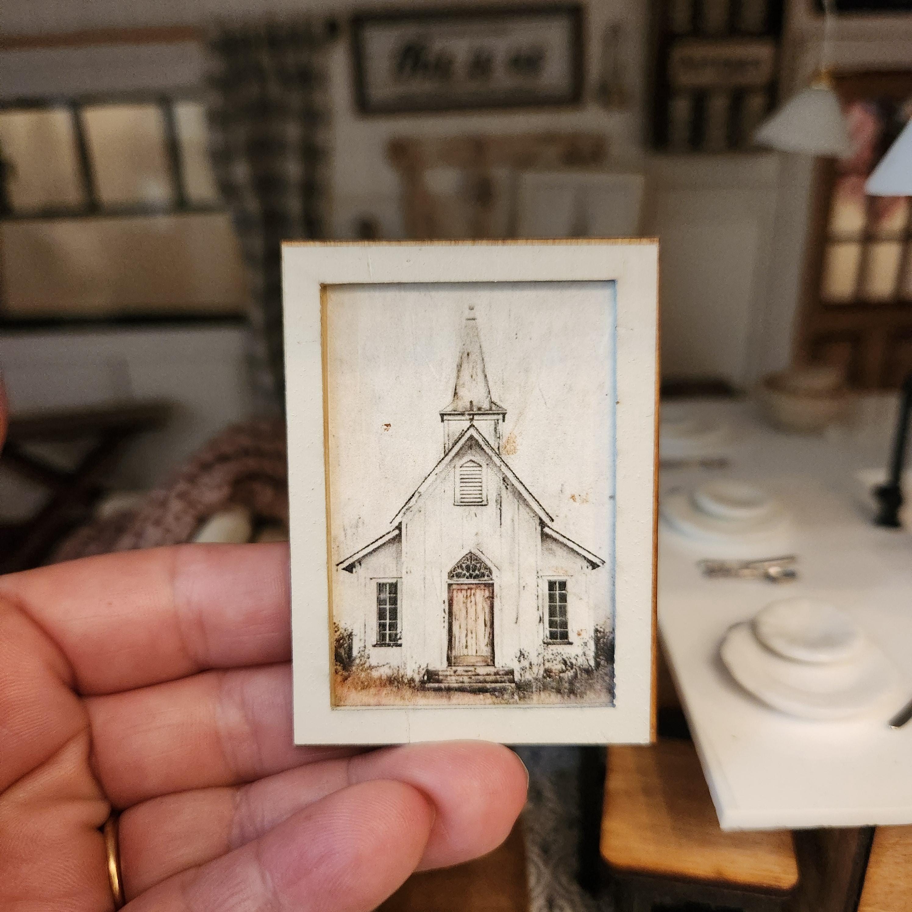 1:12 Scale Miniature "Country Church" Wood Sign – Rustic Framed Art