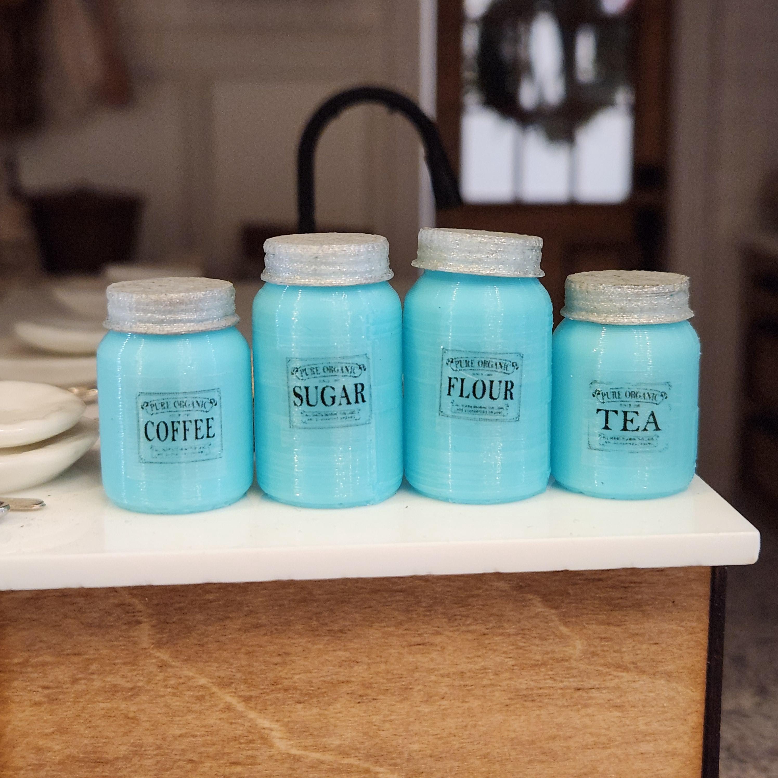 1:12 Scale Miniature Blue Canister Set – Set of 4 Vintage Kitchen Jars