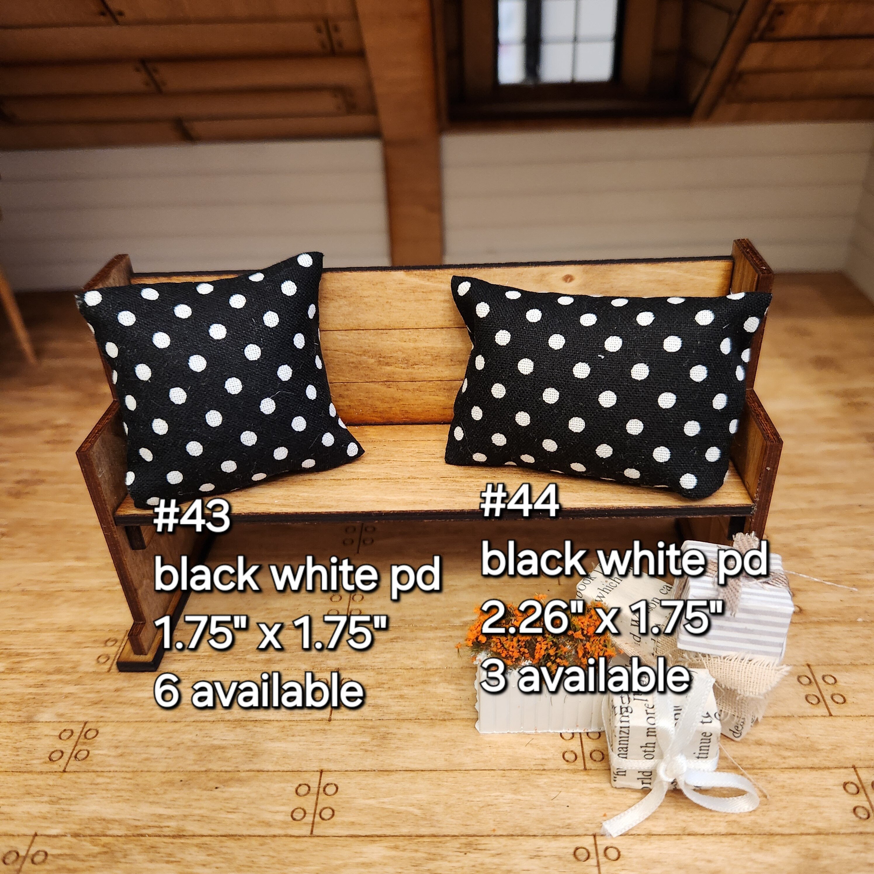 Dollhouse Miniature Pillow, Black and White Polka Dot, Modern Decor, 1:12 Scale