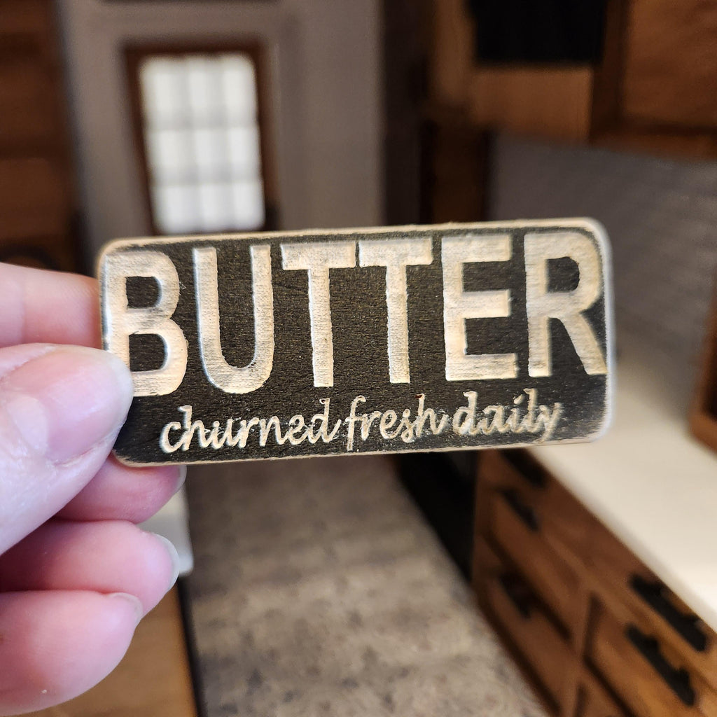 1:12 Scale Miniature "BUTTER" Wood Sign – Engraved Farmhouse Wall Decor
