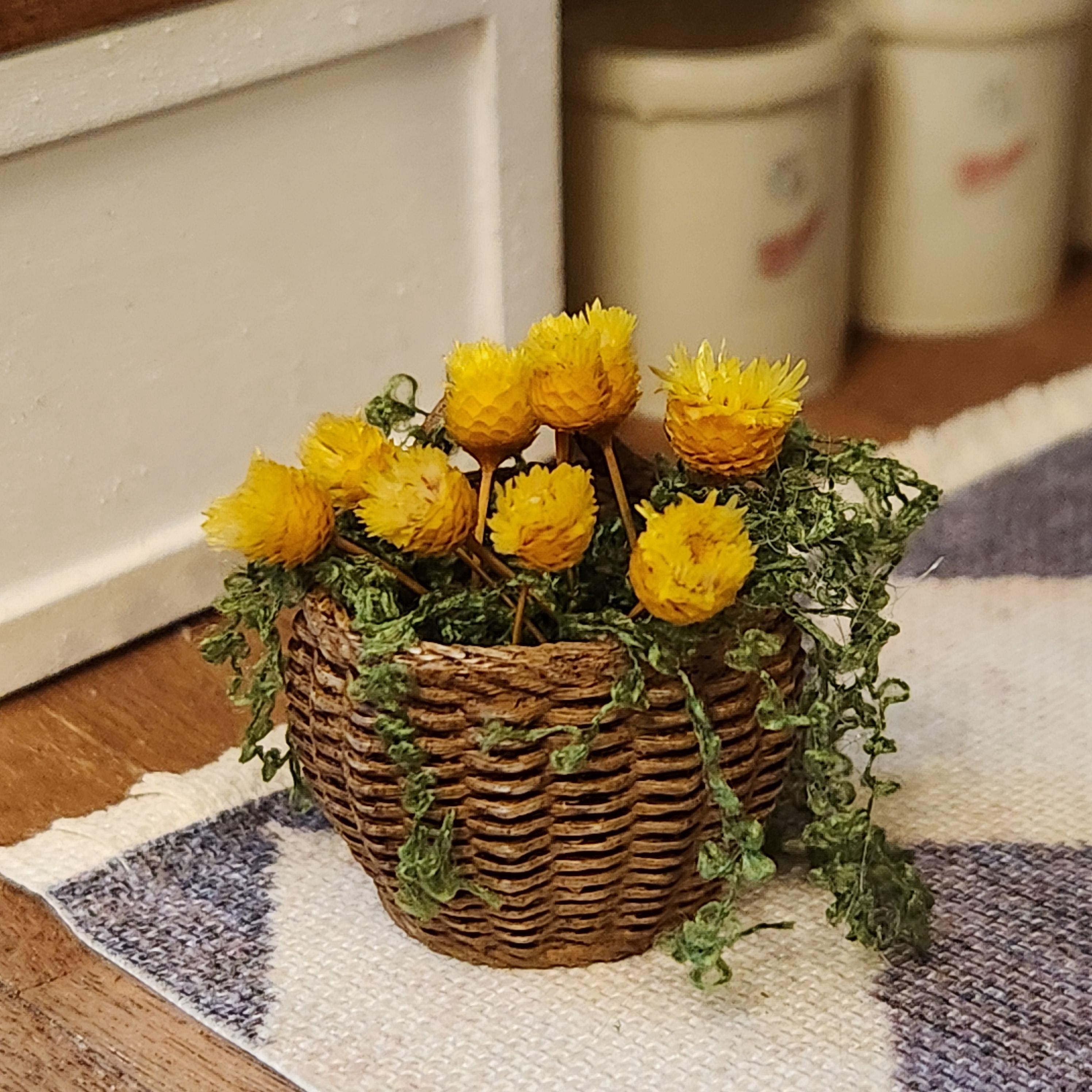 1:12 Scale Miniature Hanging Flower Basket – Yellow Spring Blooms & Trailing Vines