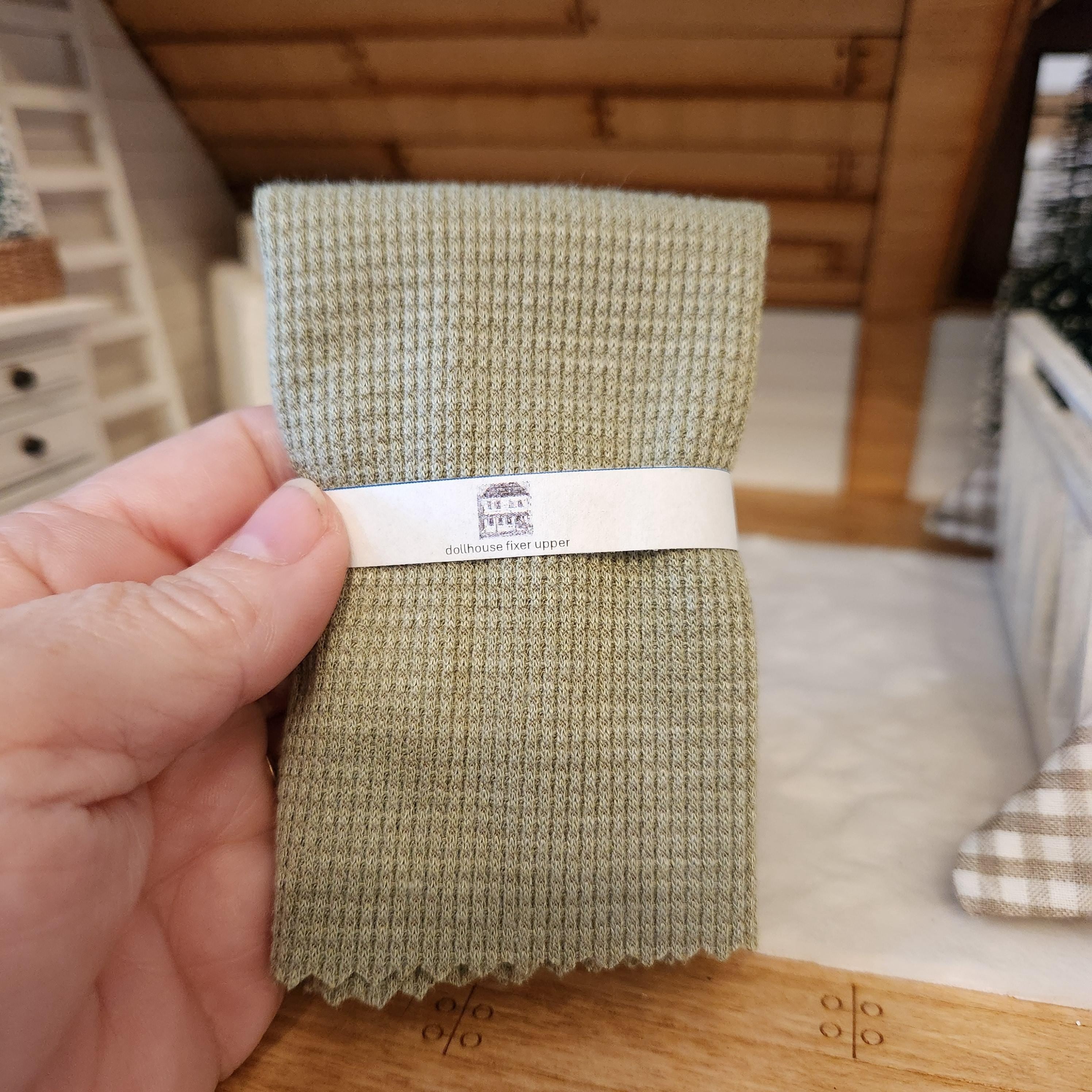 1:12 Scale Miniature Olive Green Waffle Throw – Earthy Farmhouse Afghan