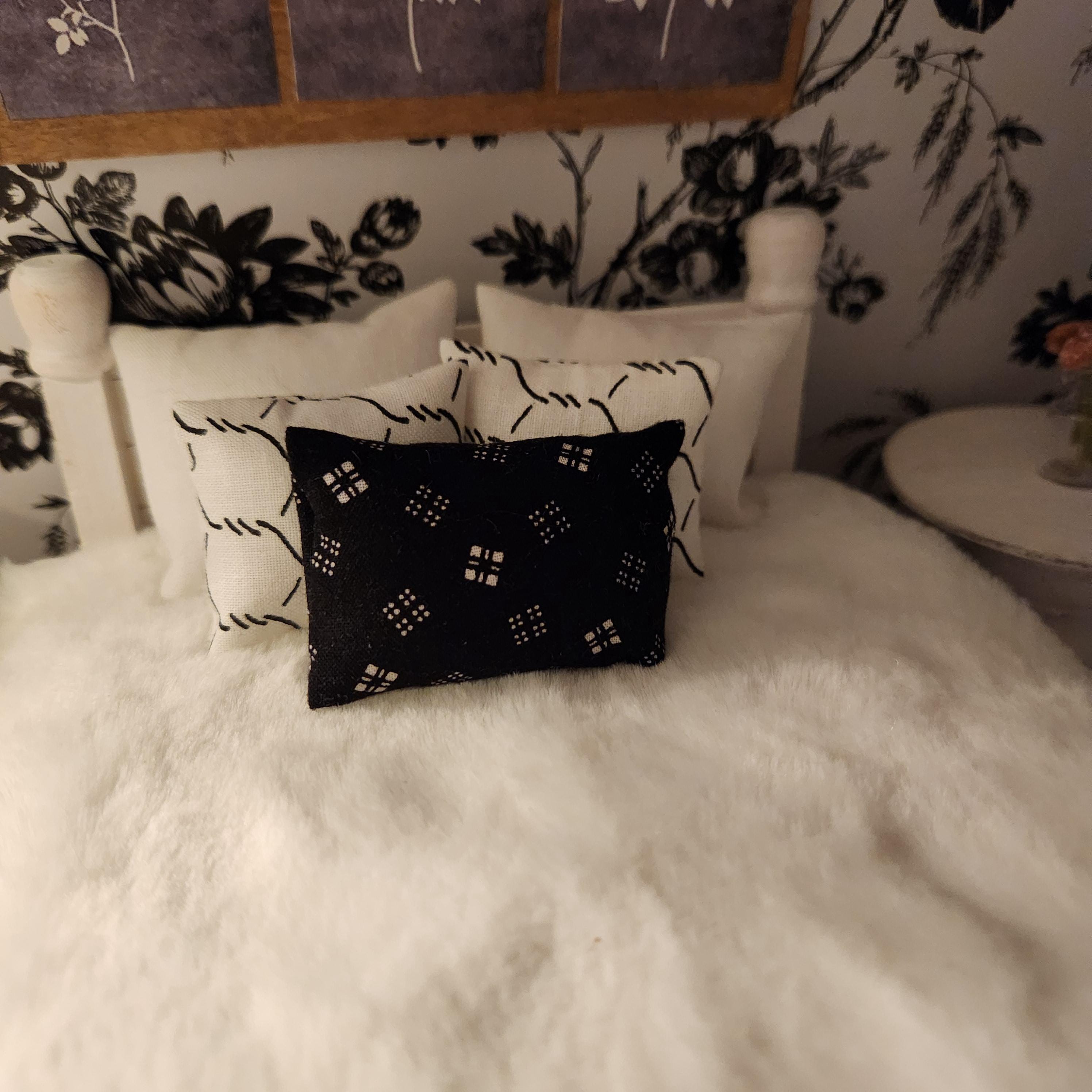 Dollhouse Miniatures Accent Pillow, BLACK WHITE, dollhouse decorations, miniature pillows, 1:12 scale