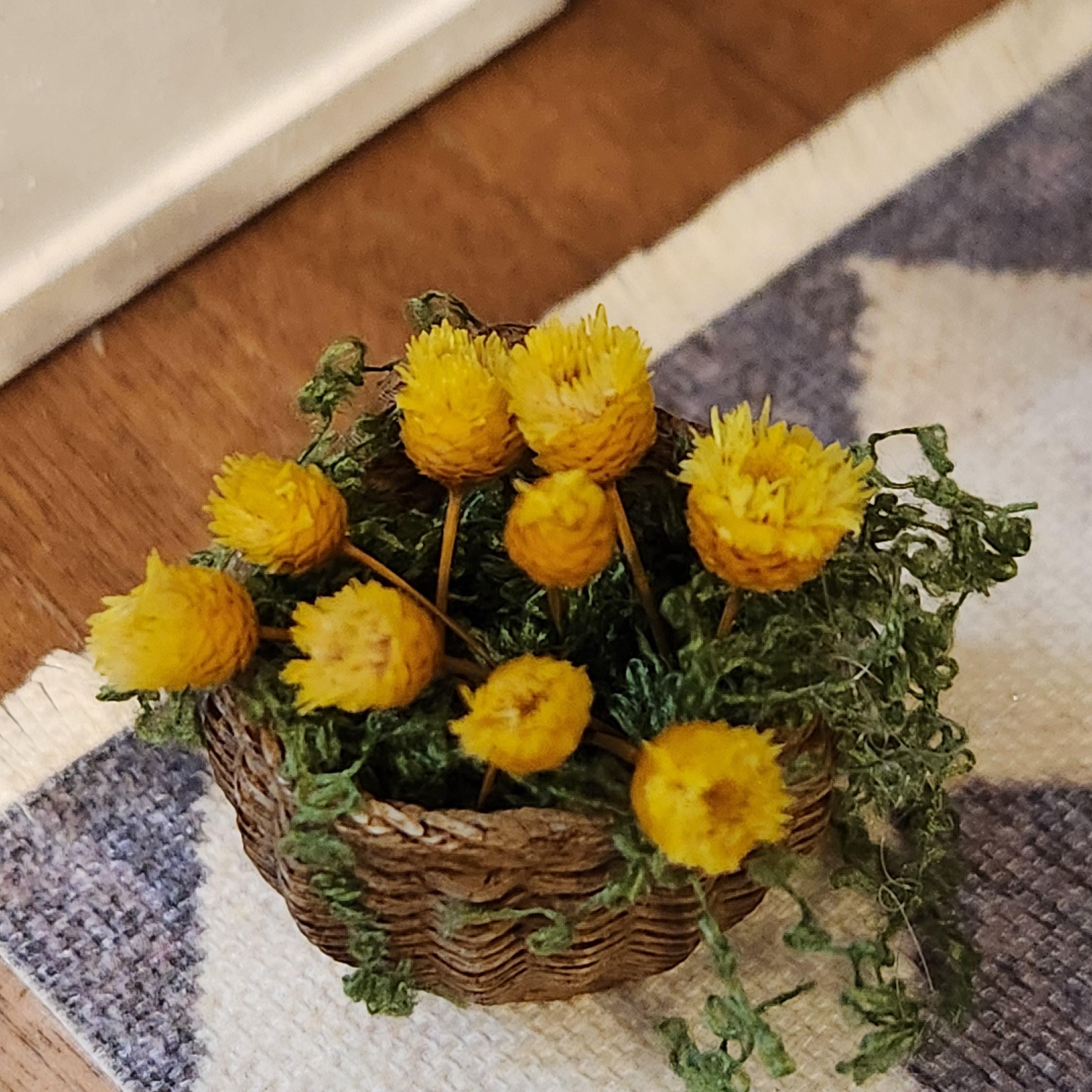 1:12 Scale Miniature Hanging Flower Basket – Yellow Spring Blooms & Trailing Vines