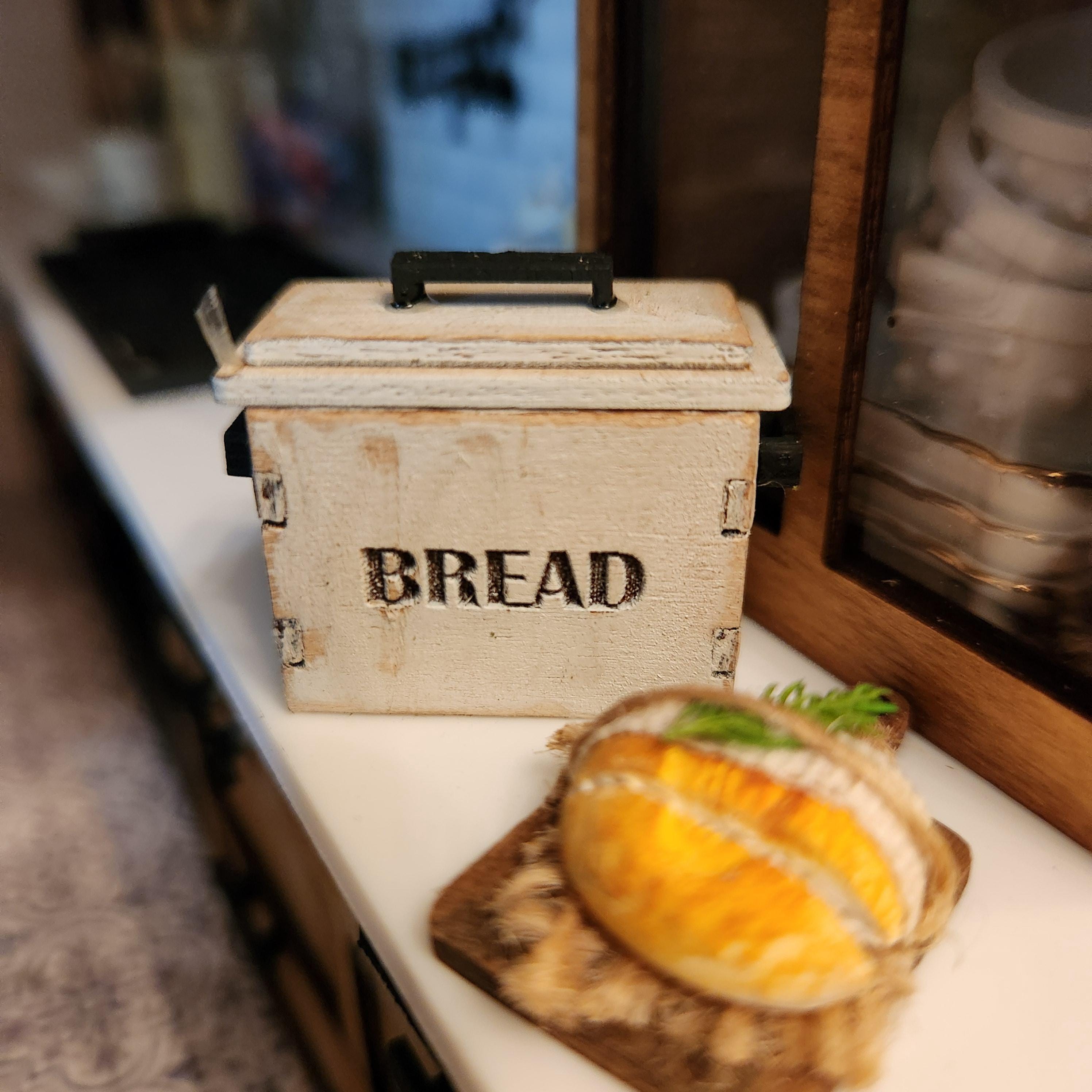1:12 Scale Miniature Bread Box – Rustic White Distressed Wood