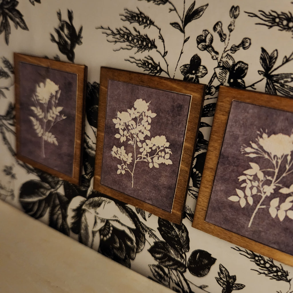 1:12 Scale Miniature Floral Wood Sign Set – Trio of Botanical Wall Art