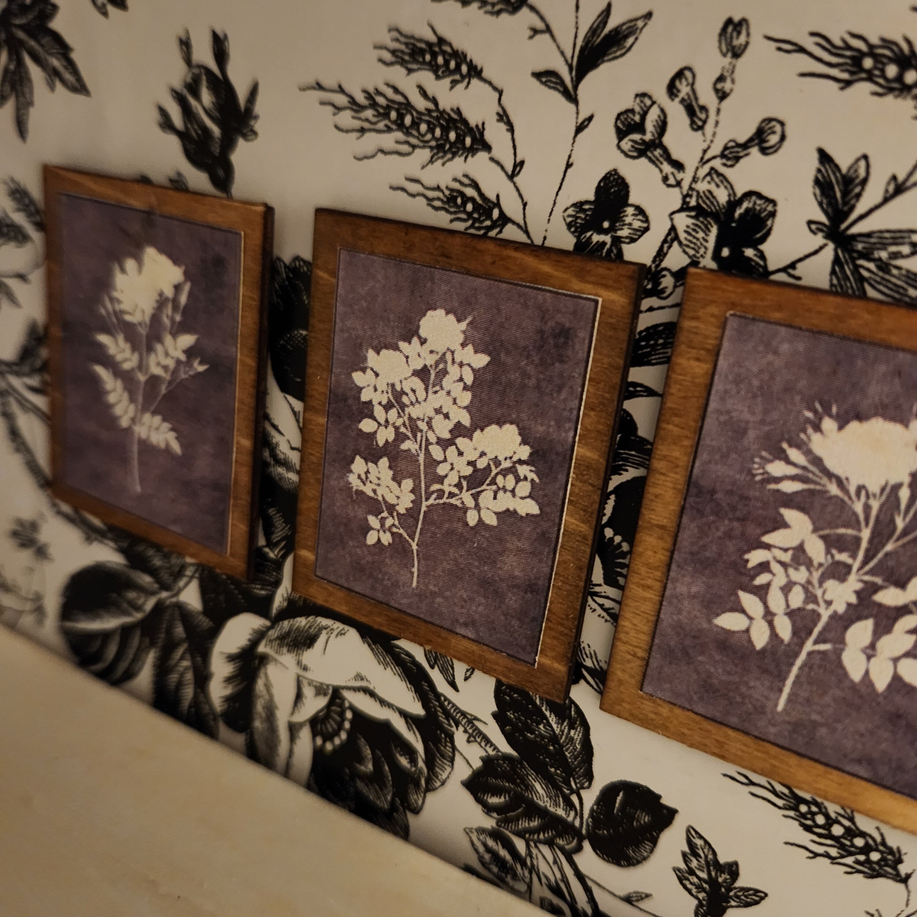 1:12 Scale Miniature Floral Wood Sign Set – Trio of Botanical Wall Art