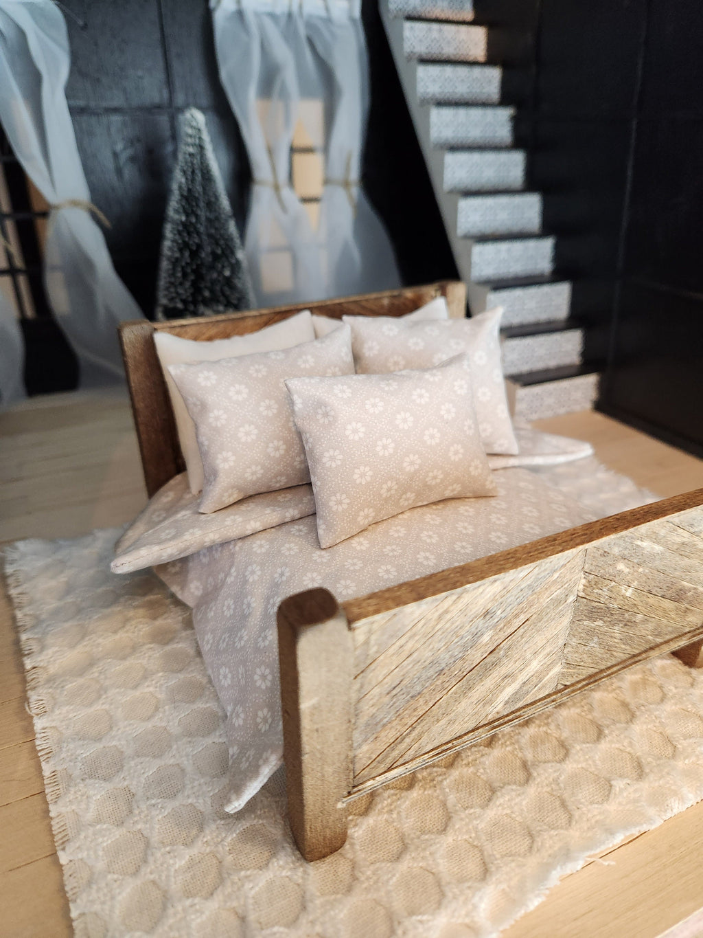 Dollhouse Miniature Accent Pillow, Gray & White Floral, 1:12 Scale