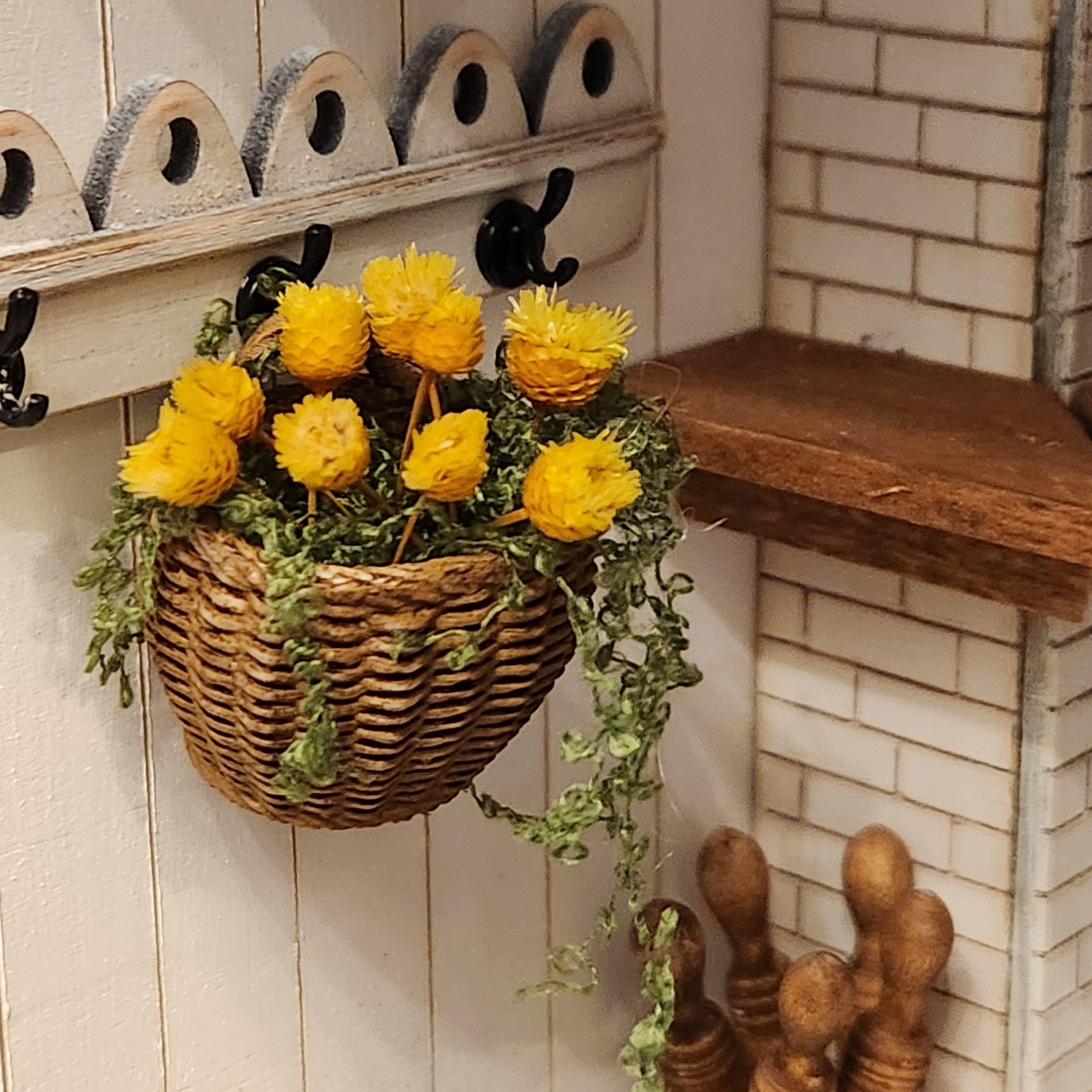 1:12 Scale Miniature Hanging Flower Basket – Yellow Spring Blooms & Trailing Vines