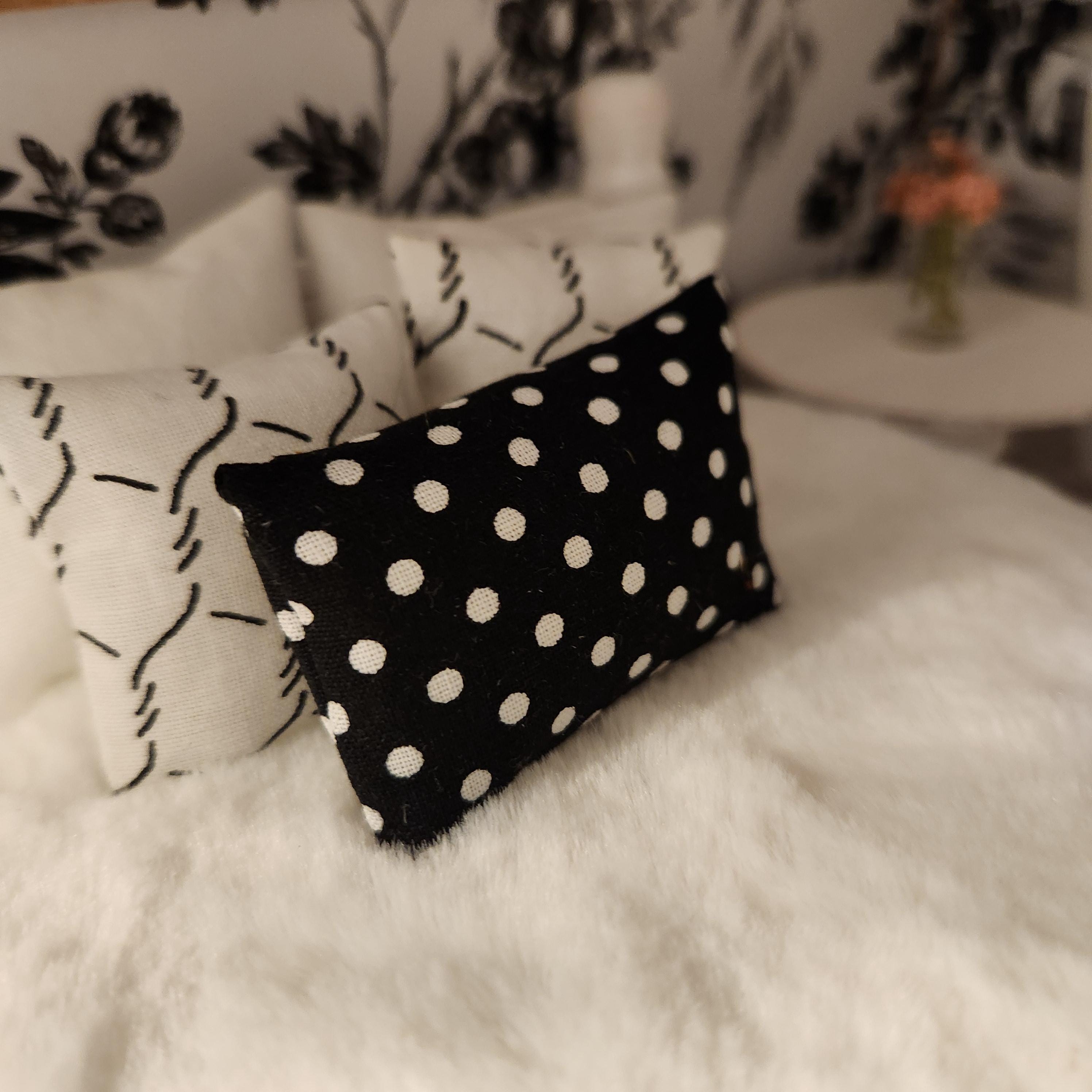 Dollhouse Miniature Pillow, Black and White Polka Dot, Modern Decor, 1:12 Scale
