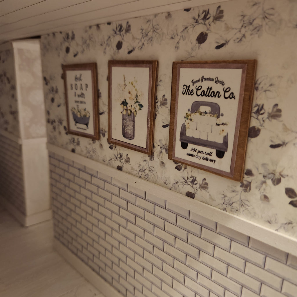 1:12 Scale Miniature Bathroom Sign Set – Trio of Farmhouse Wall Decor