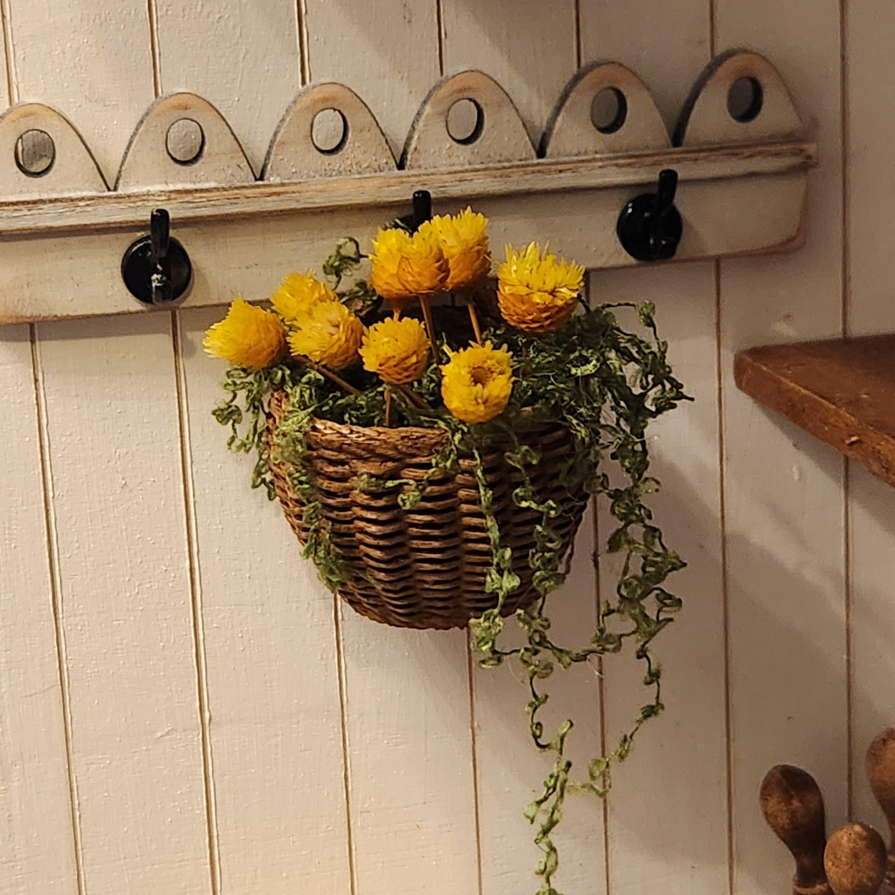 1:12 Scale Miniature Hanging Flower Basket – Yellow Spring Blooms & Trailing Vines