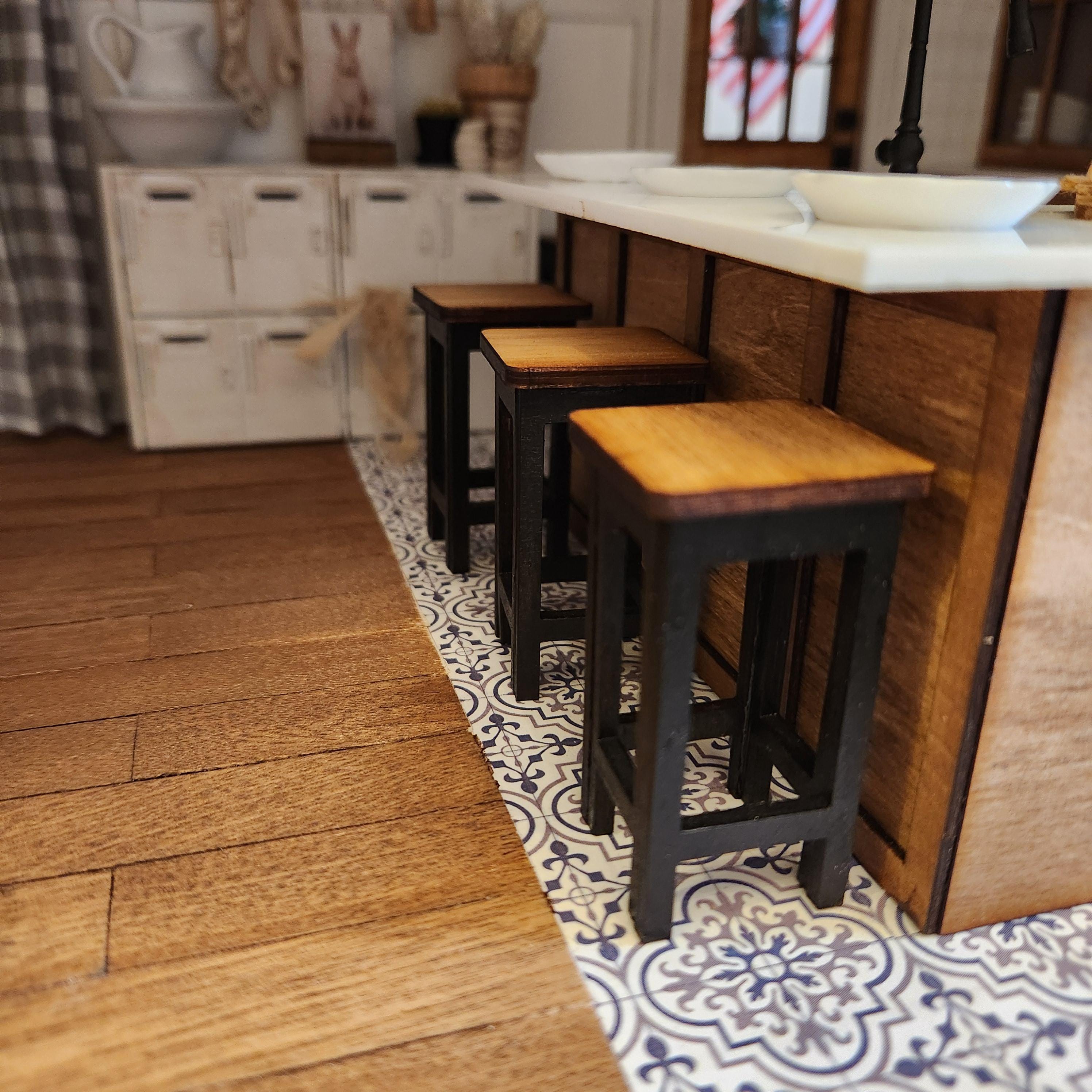 1:12 Scale Miniature Modern Bar Stool – Stained Wood & Metal-Look Legs