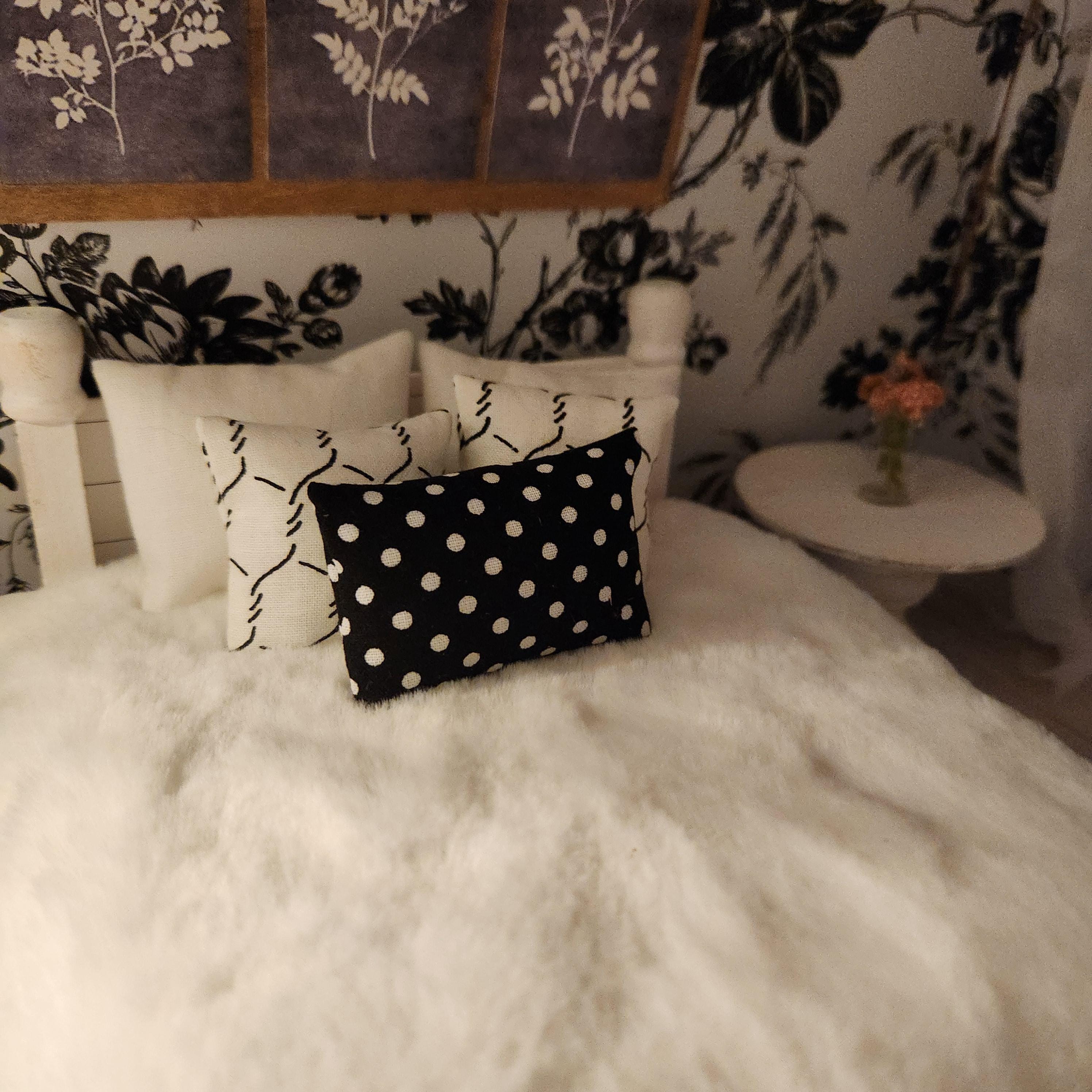 Dollhouse Miniature Pillow, Black and White Polka Dot, Modern Decor, 1:12 Scale