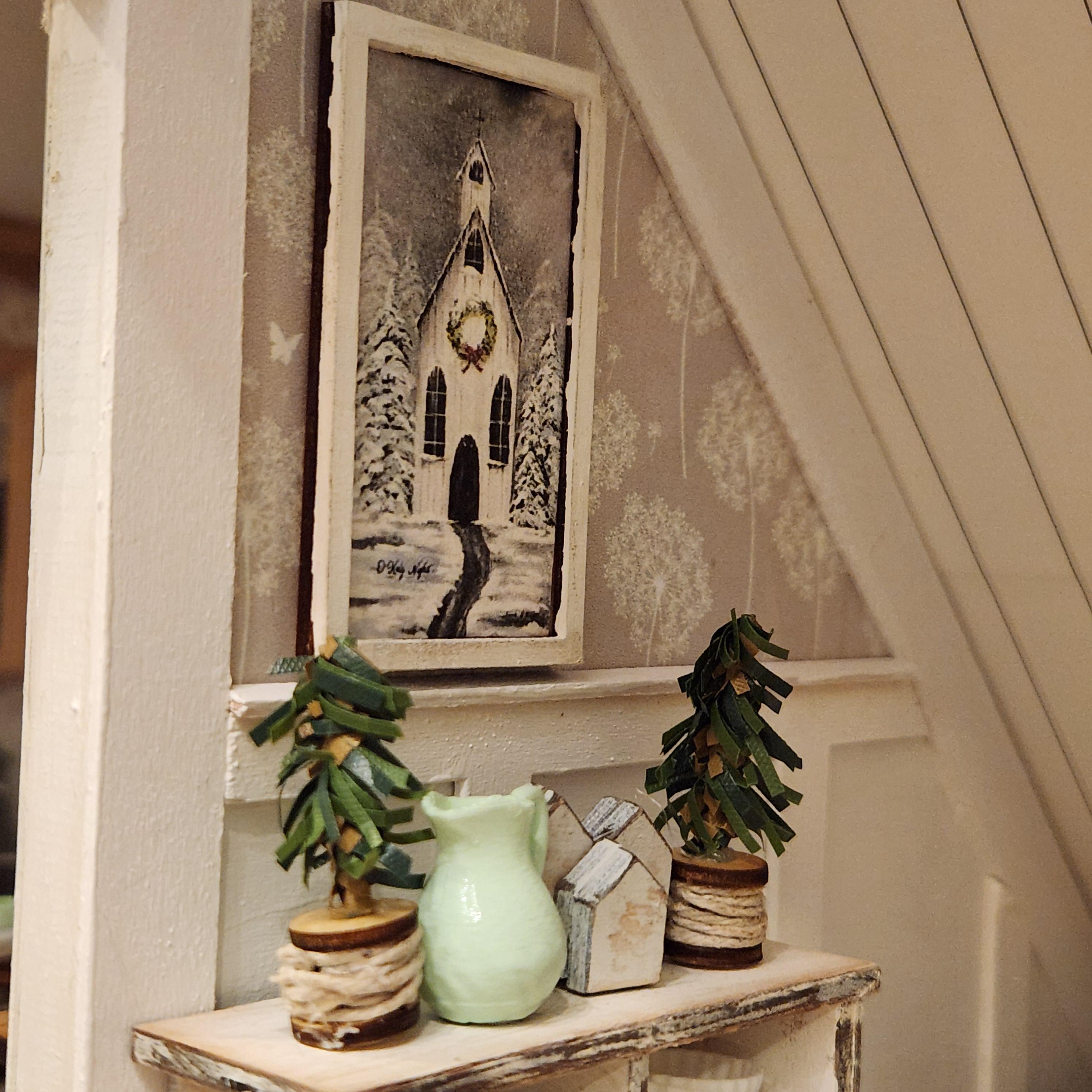 1:12 Scale Miniature "Winter Church" Wood Sign – Holiday Wall Art