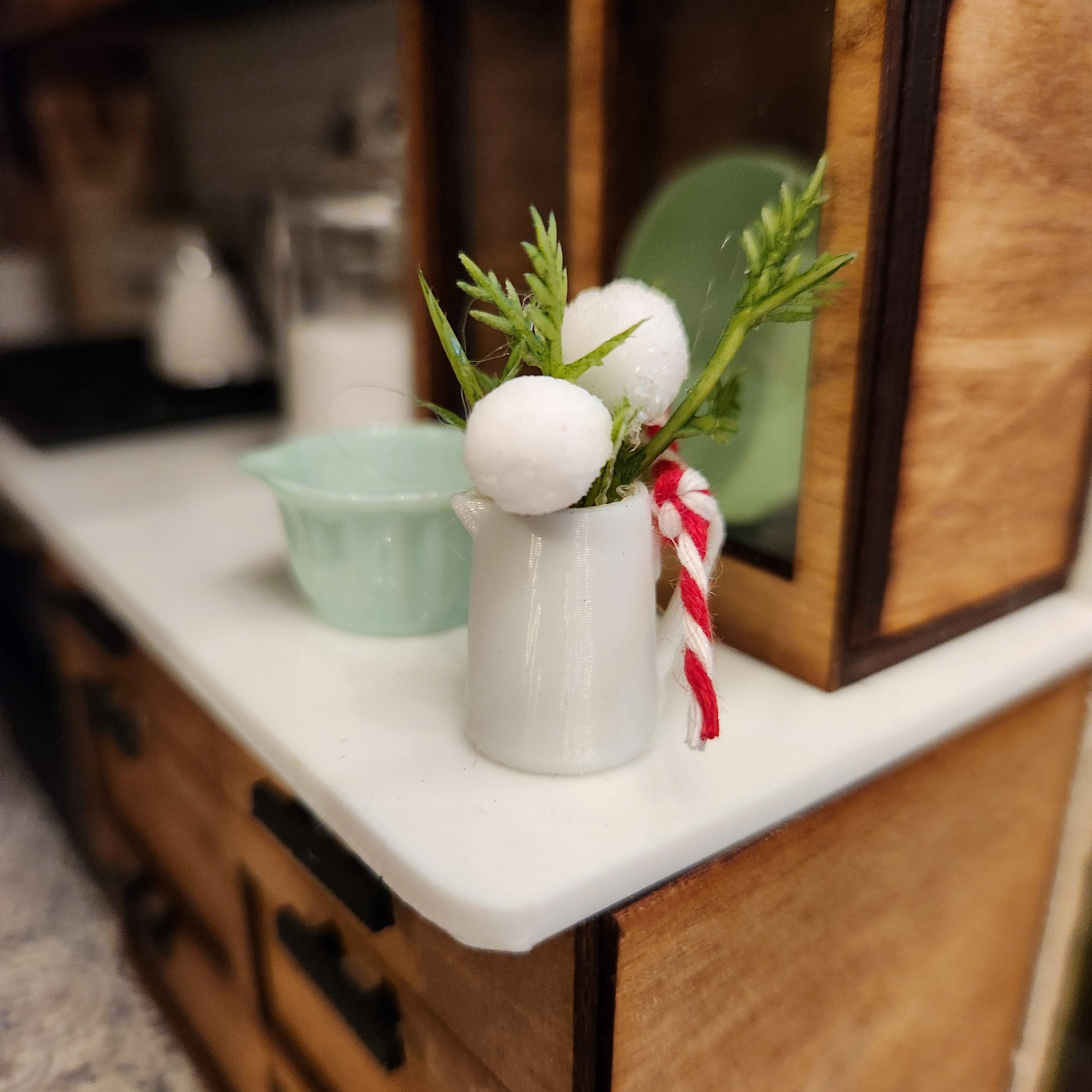 1:12 Scale Miniature White "Ironstone" Holiday Pitcher – Festive Greenery